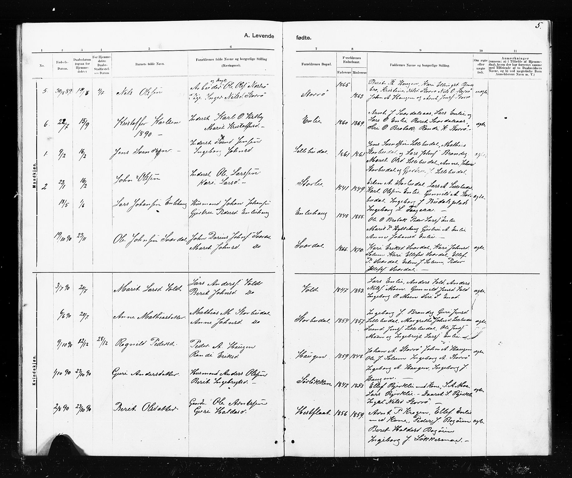 Ministerialprotokoller, klokkerbøker og fødselsregistre - Sør-Trøndelag, SAT/A-1456/690/L1051: Parish register (copy) no. 690C01, 1887-1908, p. 5