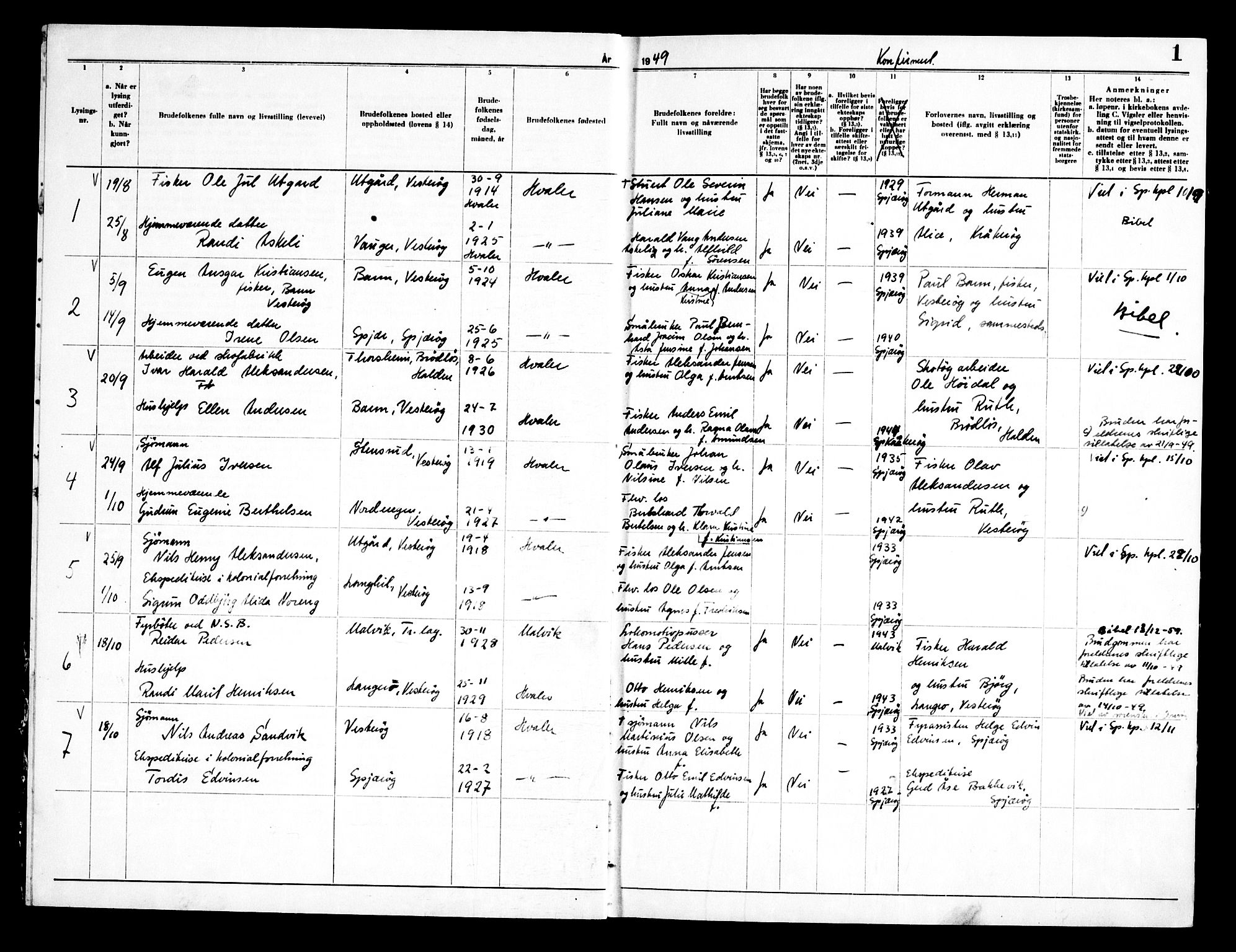 Hvaler prestekontor Kirkebøker, AV/SAO-A-2001/H/Hb/L0001: Banns register no. II 1, 1949-1953, p. 1