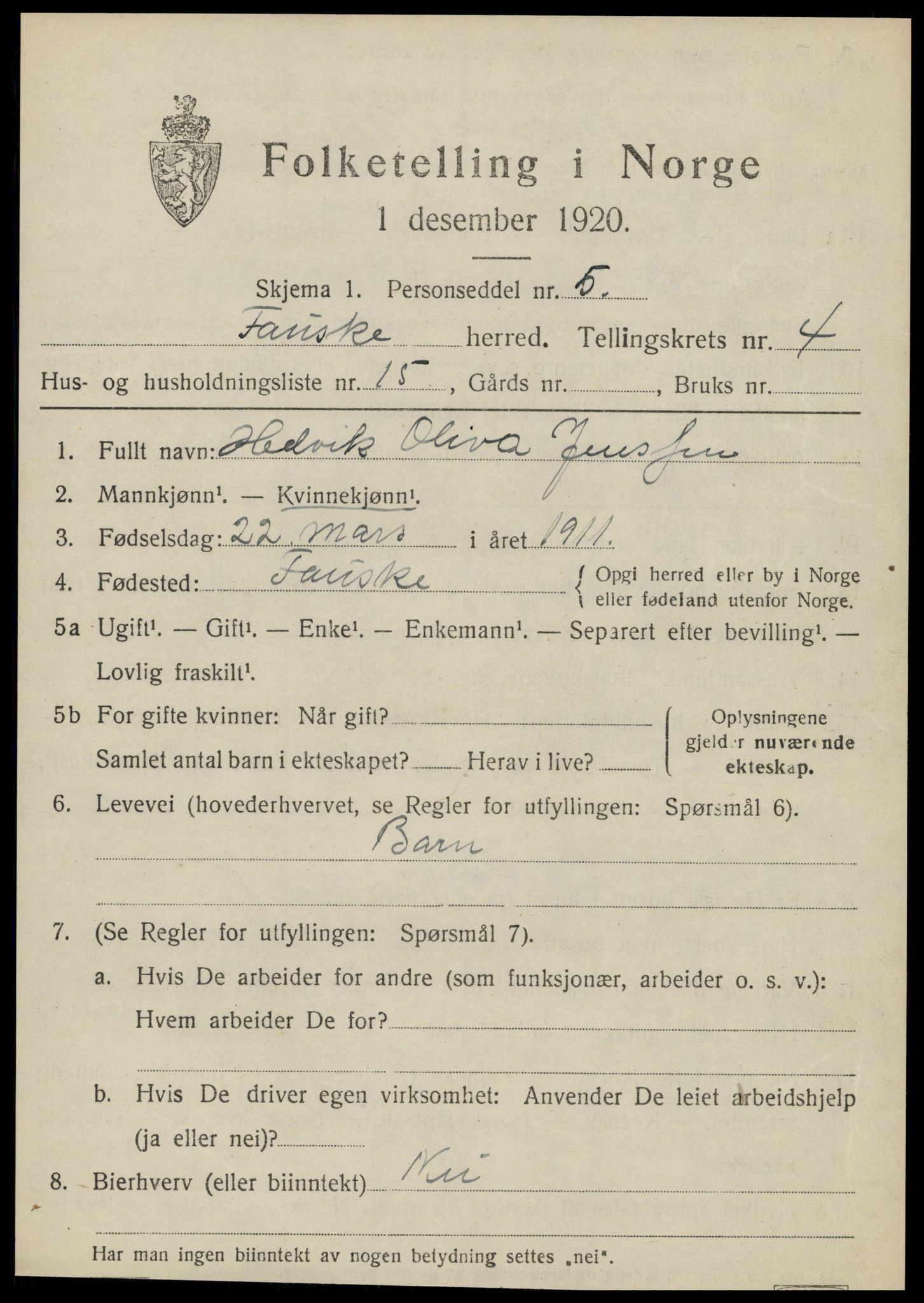 SAT, 1920 census for Fauske, 1920, p. 4672