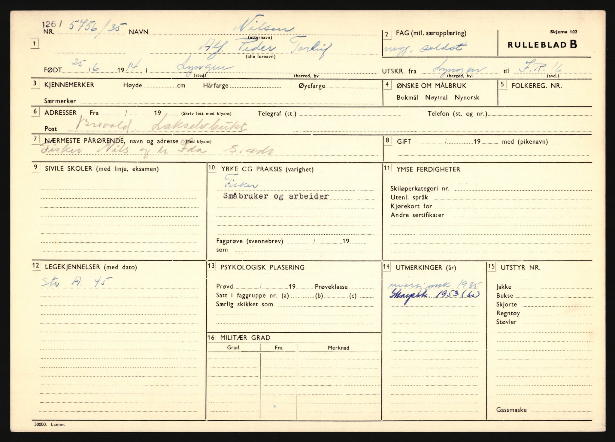 Forsvaret, Troms infanteriregiment nr. 16, AV/RA-RAFA-3146/P/Pa/L0019: Rulleblad for regimentets menige mannskaper, årsklasse 1935, 1935, p. 827