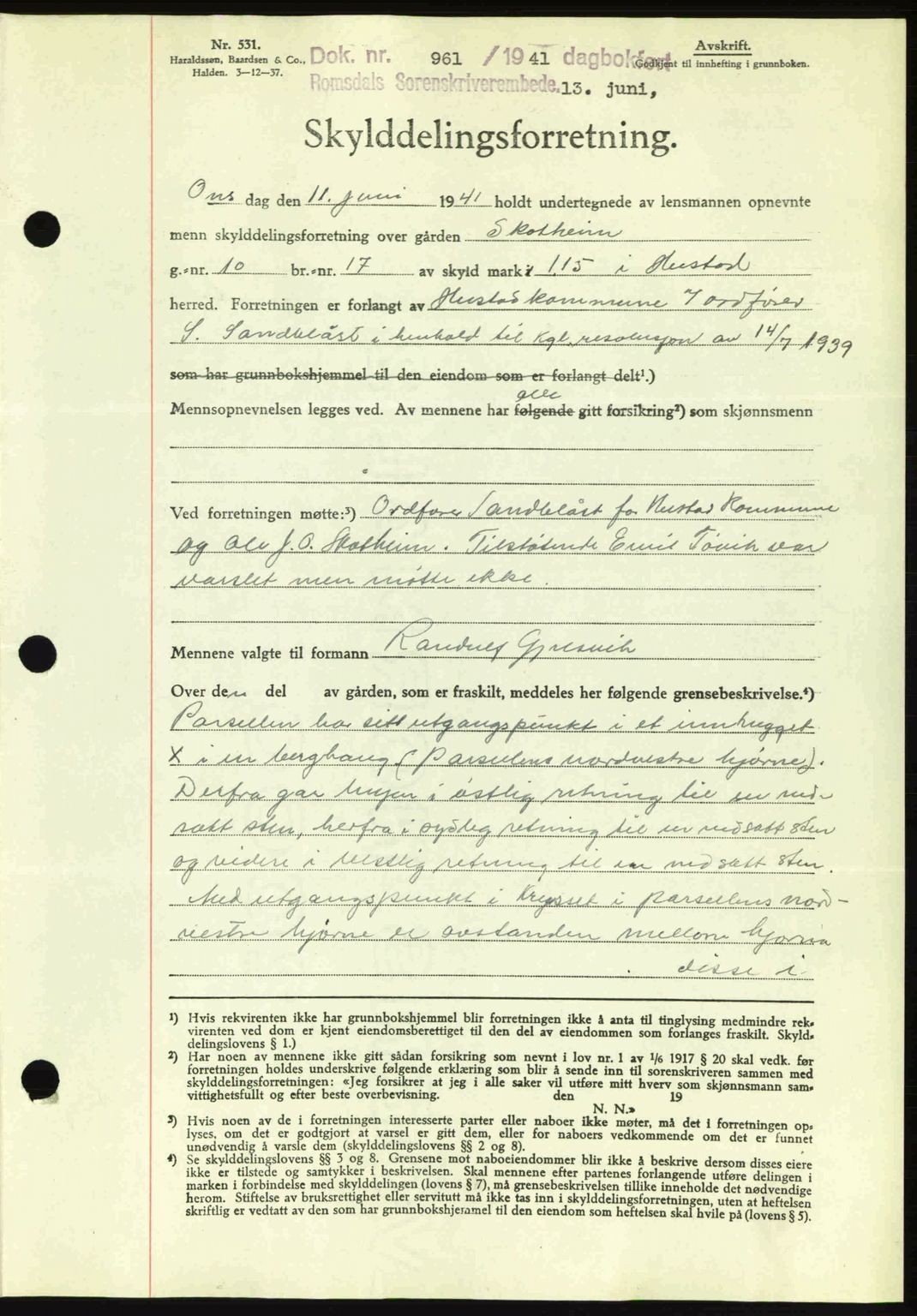 Romsdal sorenskriveri, AV/SAT-A-4149/1/2/2C: Mortgage book no. A10, 1941-1941, Diary no: : 961/1941