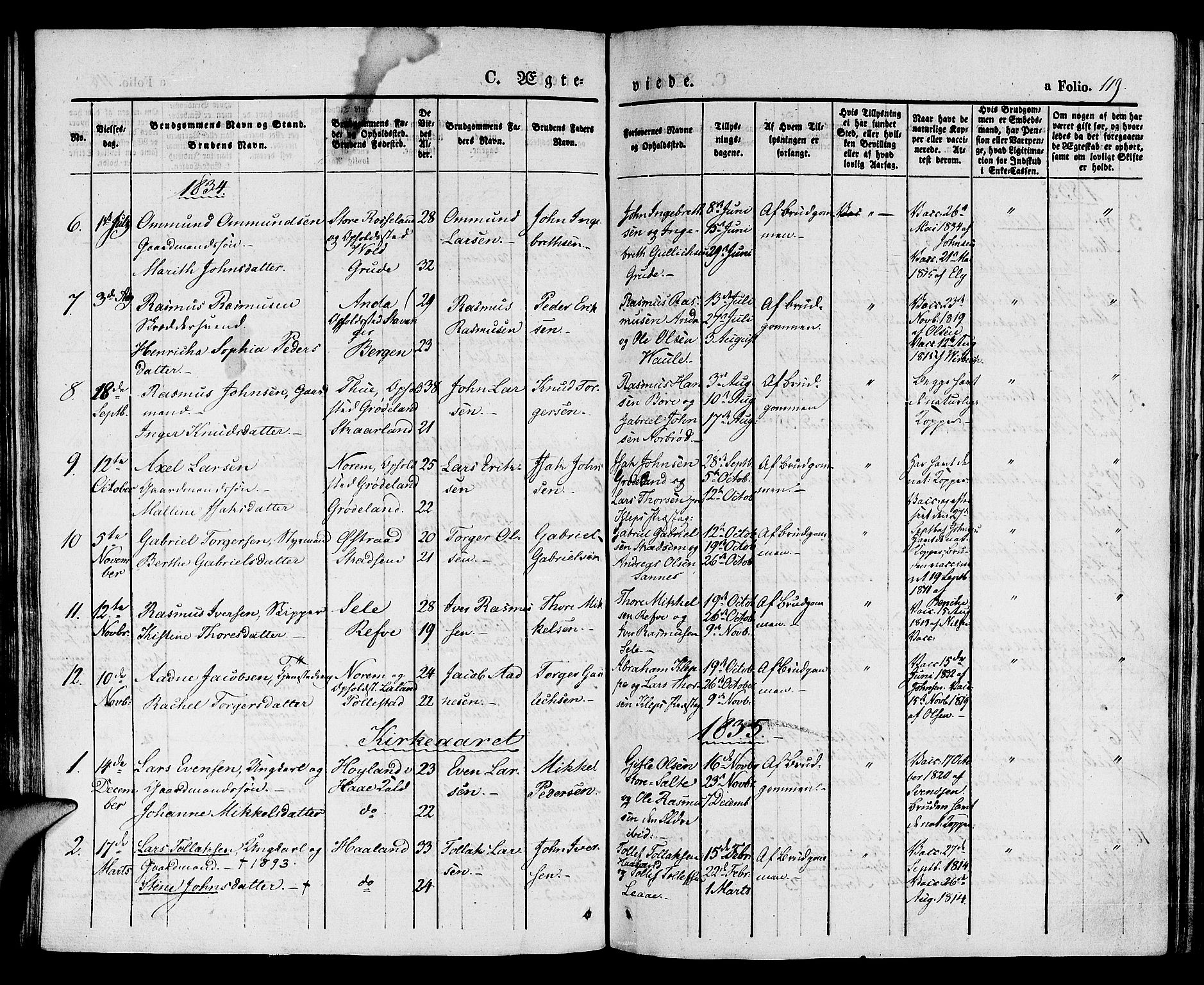 Klepp sokneprestkontor, AV/SAST-A-101803/001/3/30BA/L0003: Parish register (official) no. A 3, 1833-1842, p. 119