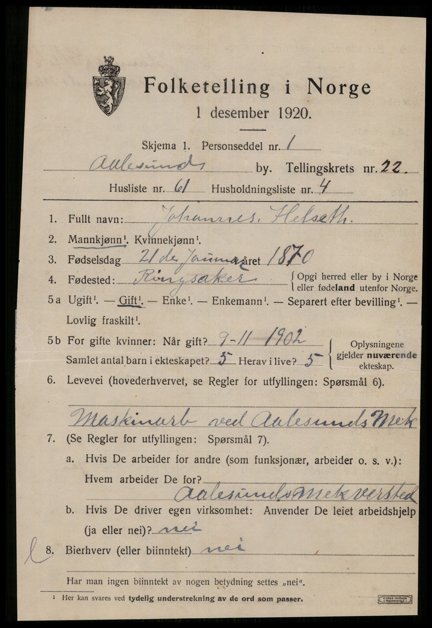 SAT, 1920 census for Ålesund, 1920, p. 42002