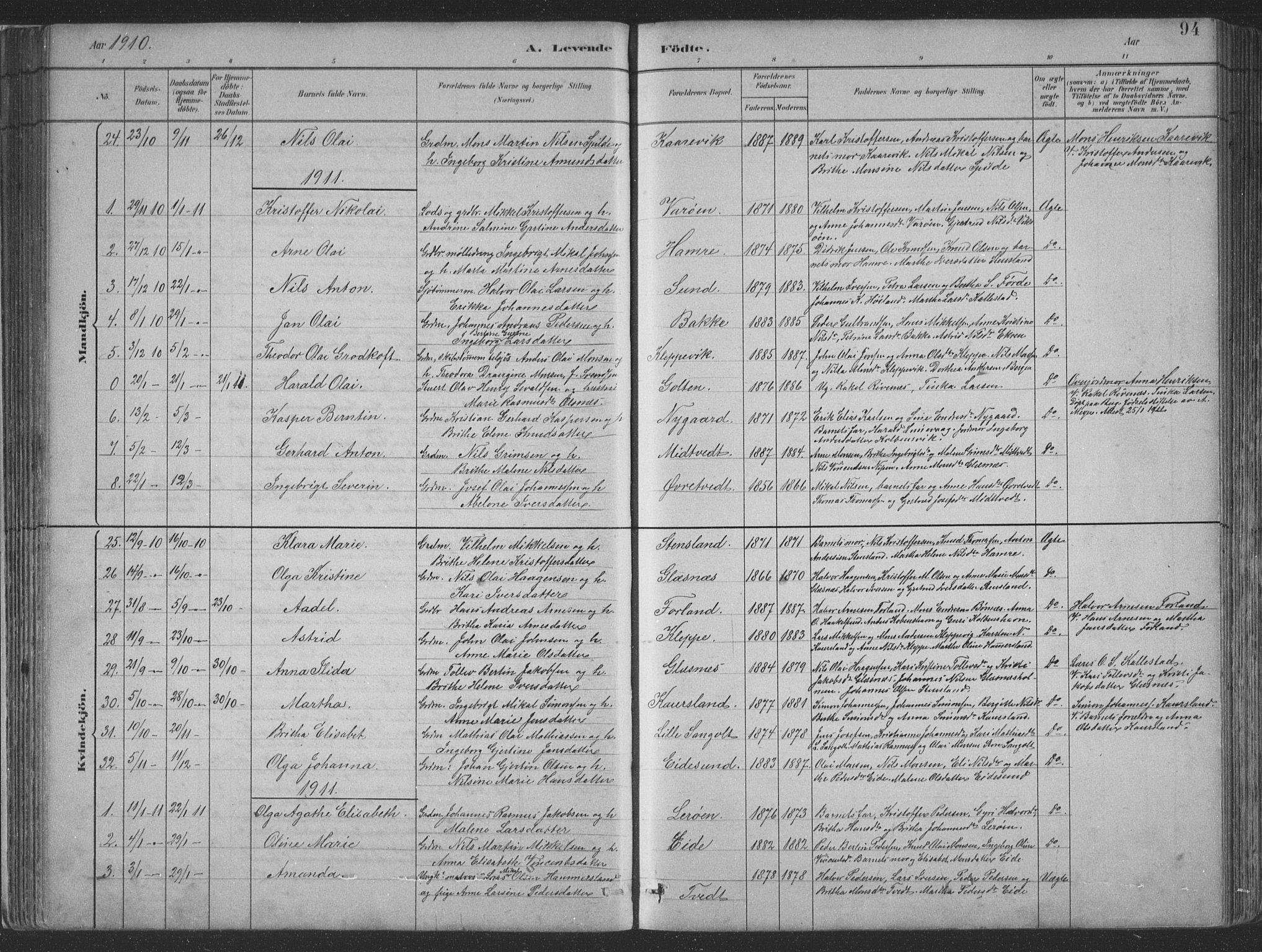 Sund sokneprestembete, SAB/A-99930: Parish register (copy) no. B 3, 1882-1911, p. 94