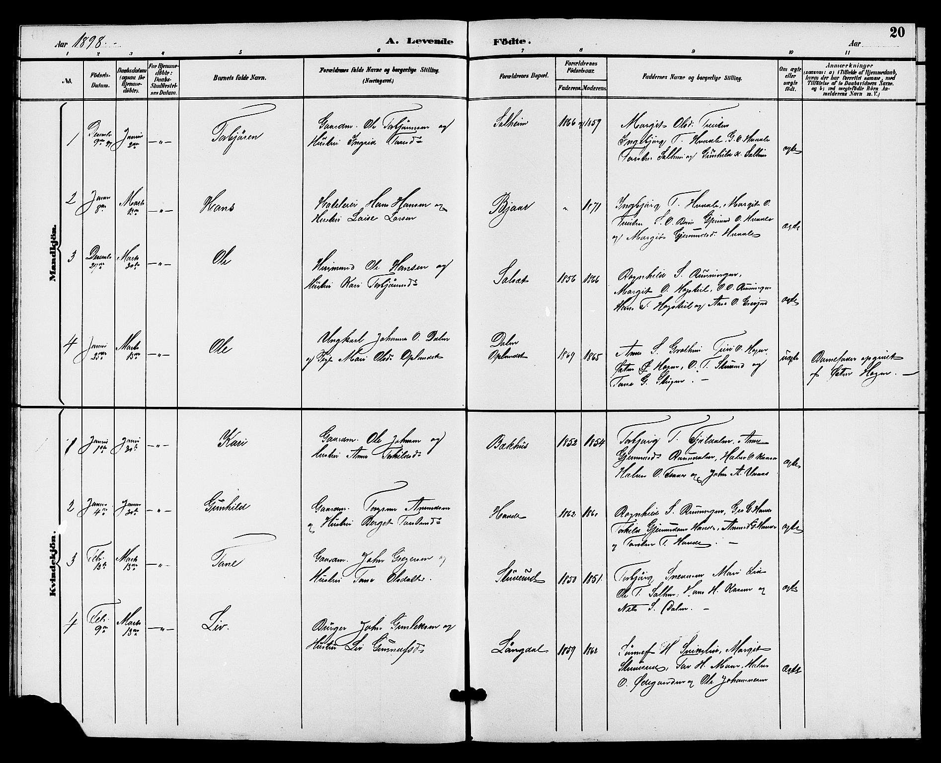 Hjartdal kirkebøker, SAKO/A-270/G/Gc/L0003: Parish register (copy) no. III 3, 1890-1907, p. 20
