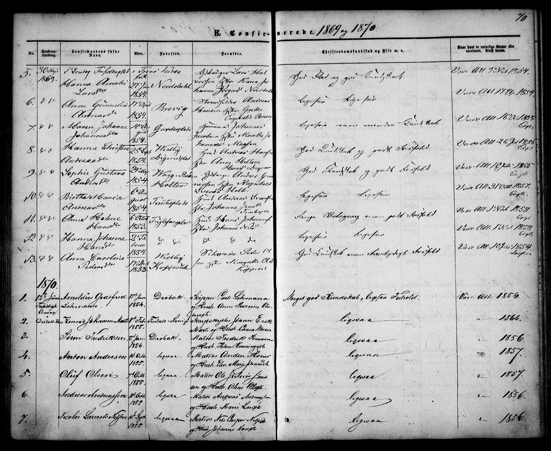 Drøbak prestekontor Kirkebøker, SAO/A-10142a/F/Fa/L0002: Parish register (official) no. I 2, 1858-1870, p. 70
