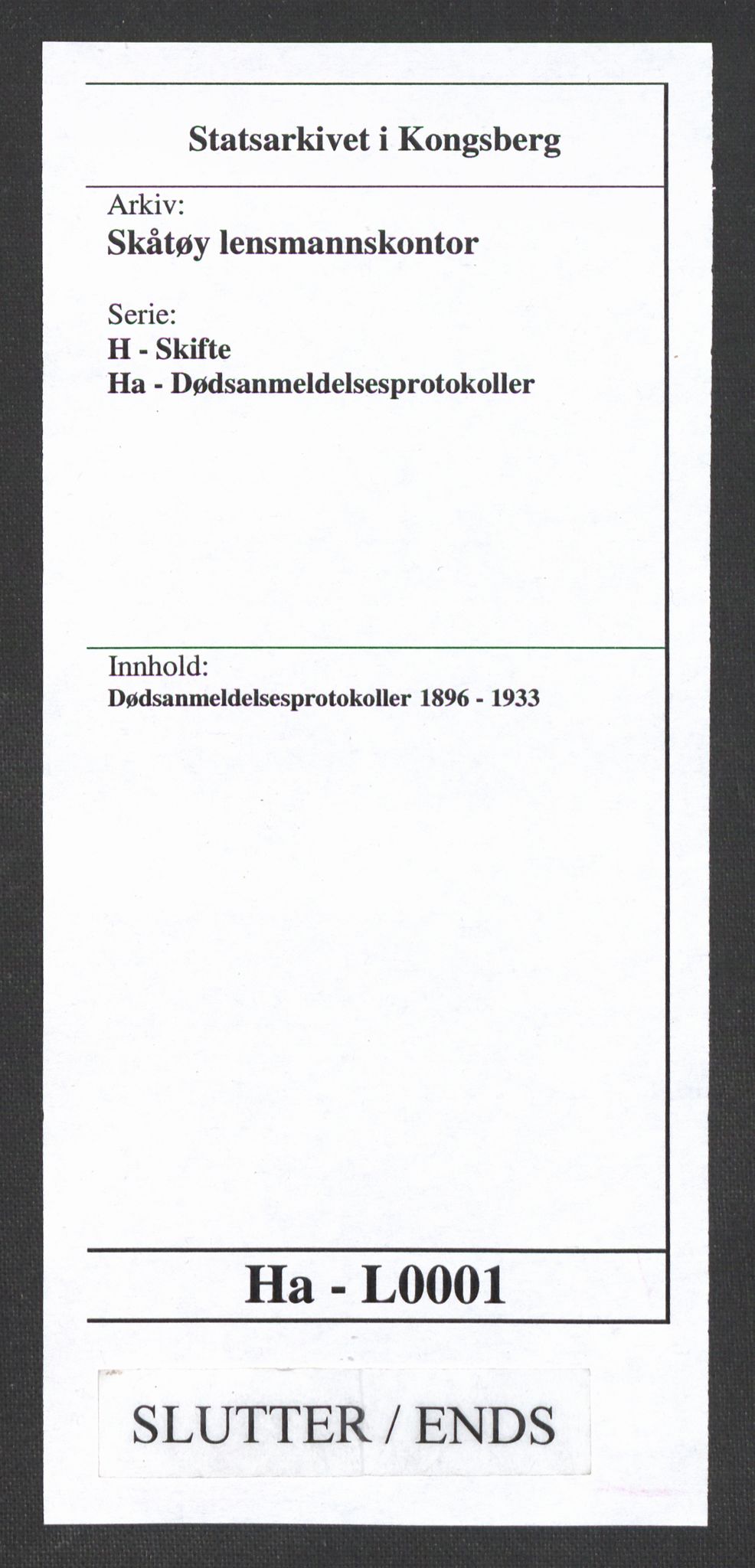 Skåtøy lensmannskontor, AV/SAKO-A-574/H/Ha/L0001: Dødsanmeldelsesprotokoller, 1896-1933