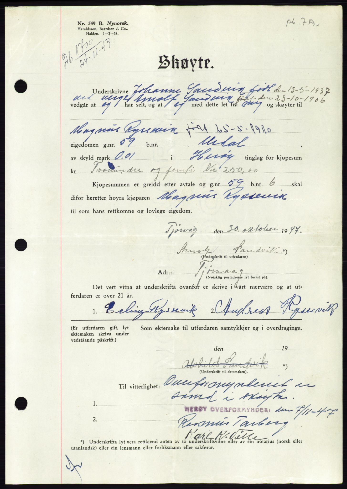 Søre Sunnmøre sorenskriveri, AV/SAT-A-4122/1/2/2C/L0081: Mortgage book no. 7A, 1947-1948, Diary no: : 1700/1947