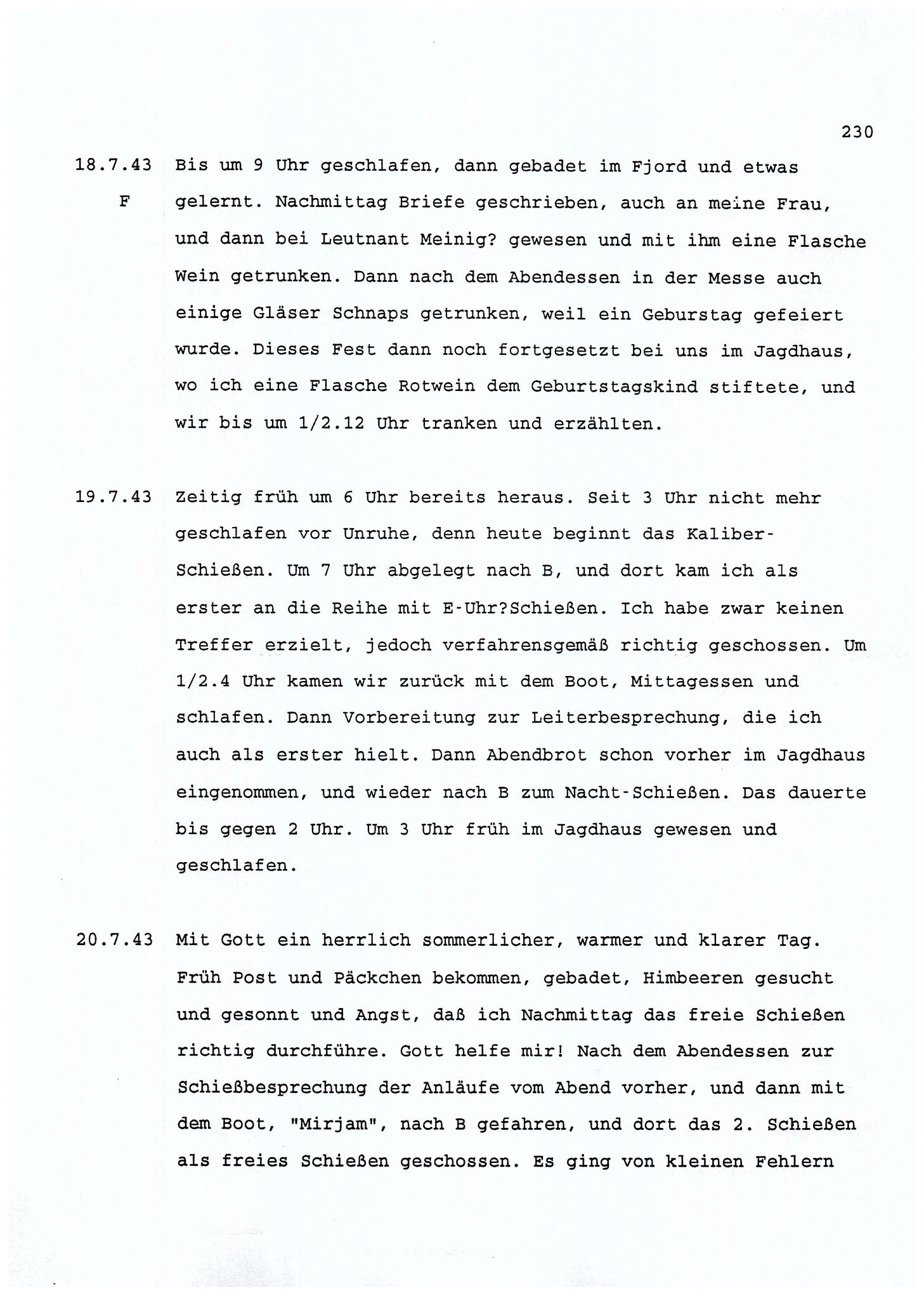 Dagbokopptegnelser av en tysk marineoffiser stasjonert i Norge , FMFB/A-1160/F/L0001: Dagbokopptegnelser av en tysk marineoffiser stasjonert i Norge, 1941-1944, p. 230