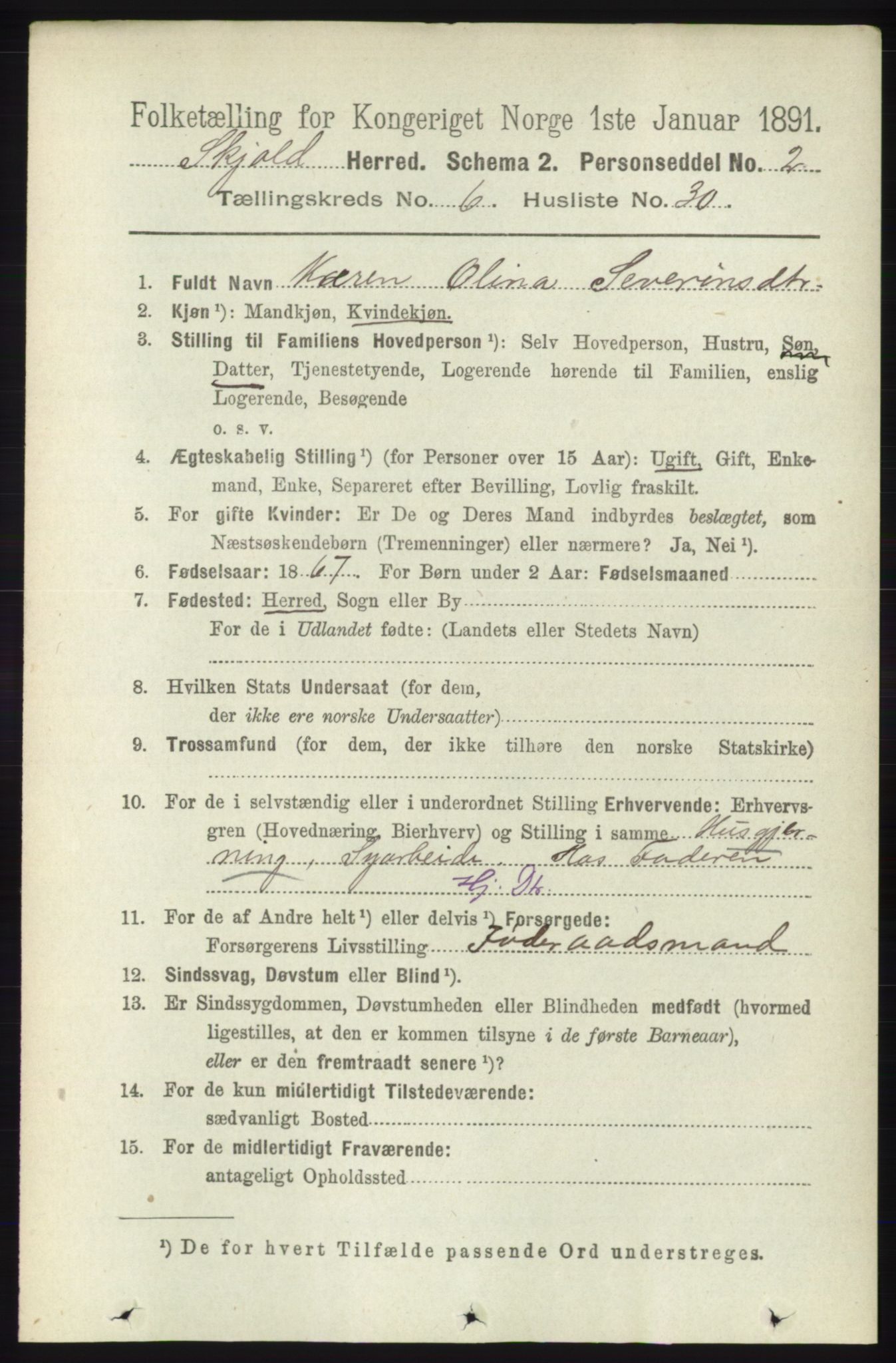 RA, 1891 census for 1154 Skjold, 1891, p. 1167