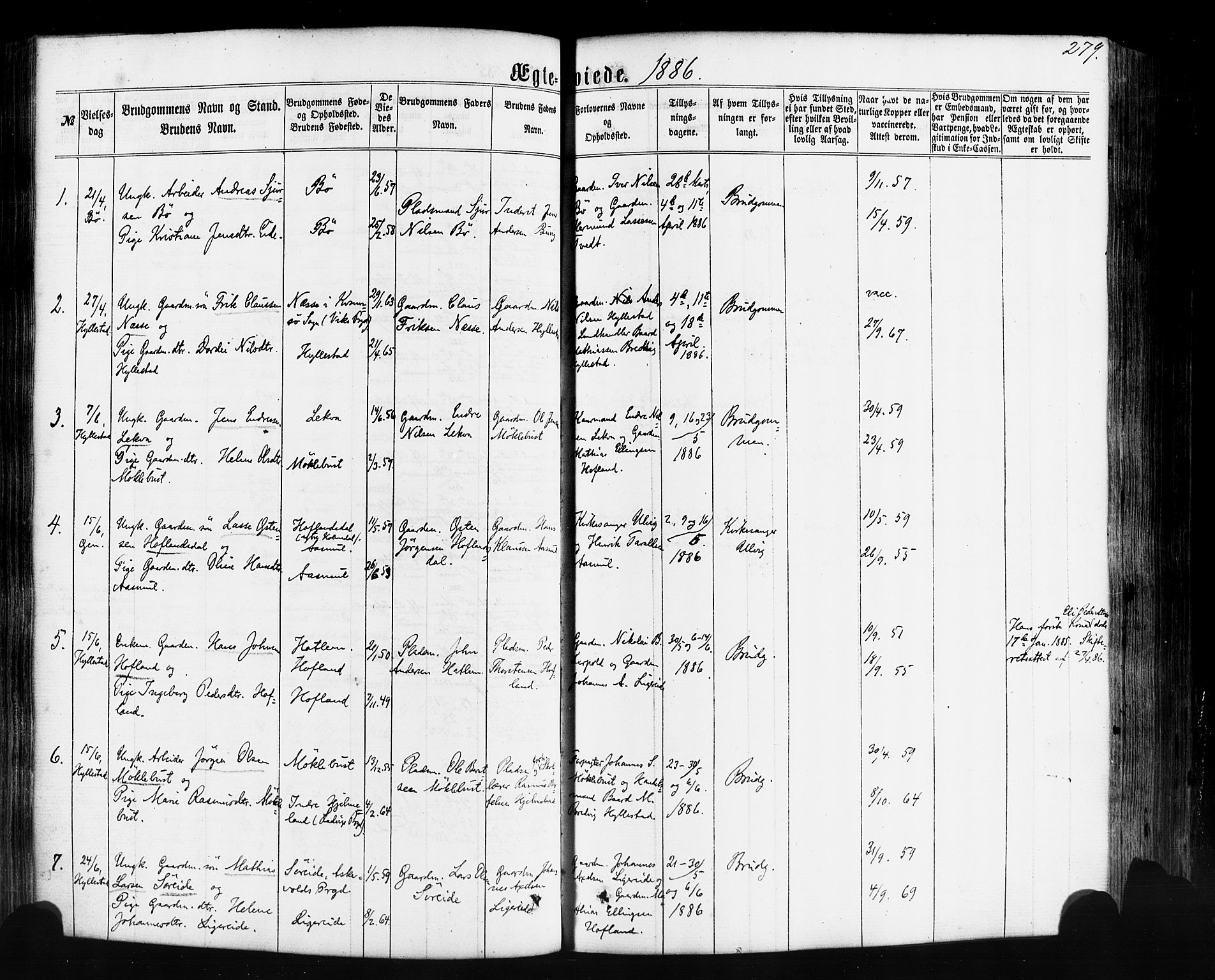Hyllestad sokneprestembete, SAB/A-80401: Parish register (official) no. A 1, 1861-1886, p. 279