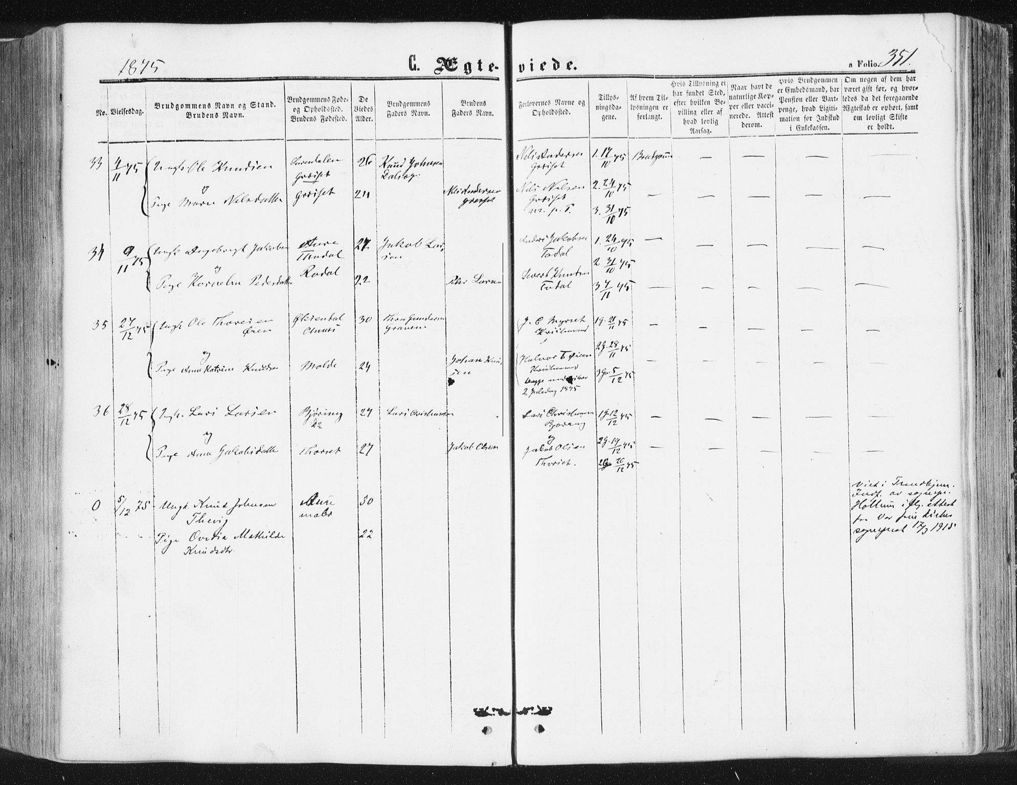 Ministerialprotokoller, klokkerbøker og fødselsregistre - Møre og Romsdal, SAT/A-1454/578/L0905: Parish register (official) no. 578A04, 1859-1877, p. 351