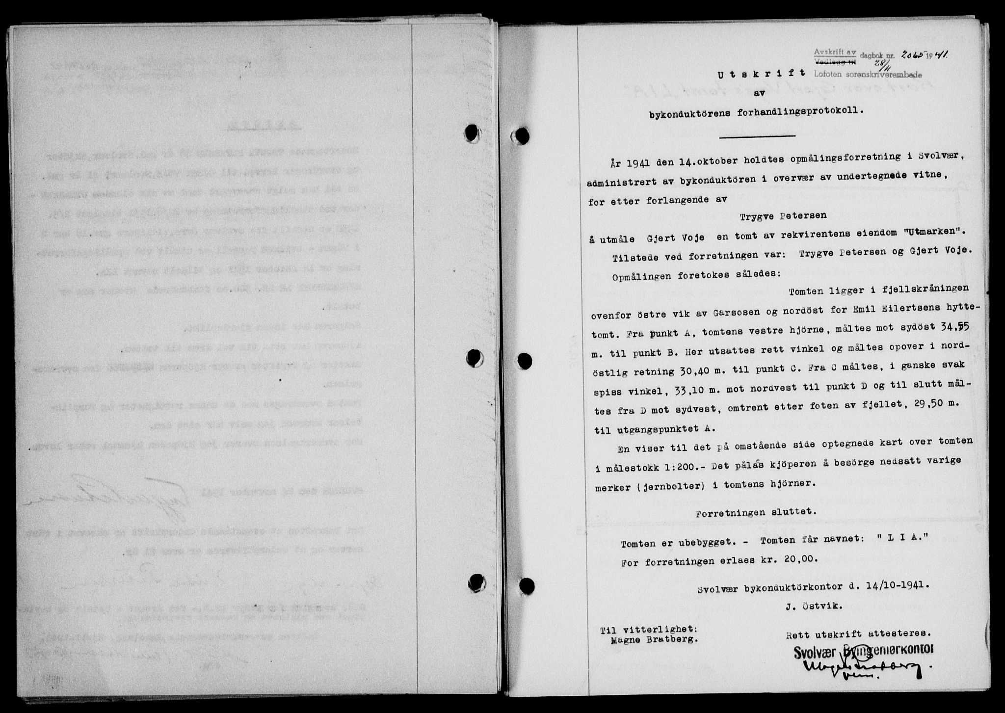 Lofoten sorenskriveri, SAT/A-0017/1/2/2C/L0009a: Mortgage book no. 9a, 1941-1942, Diary no: : 2065/1941
