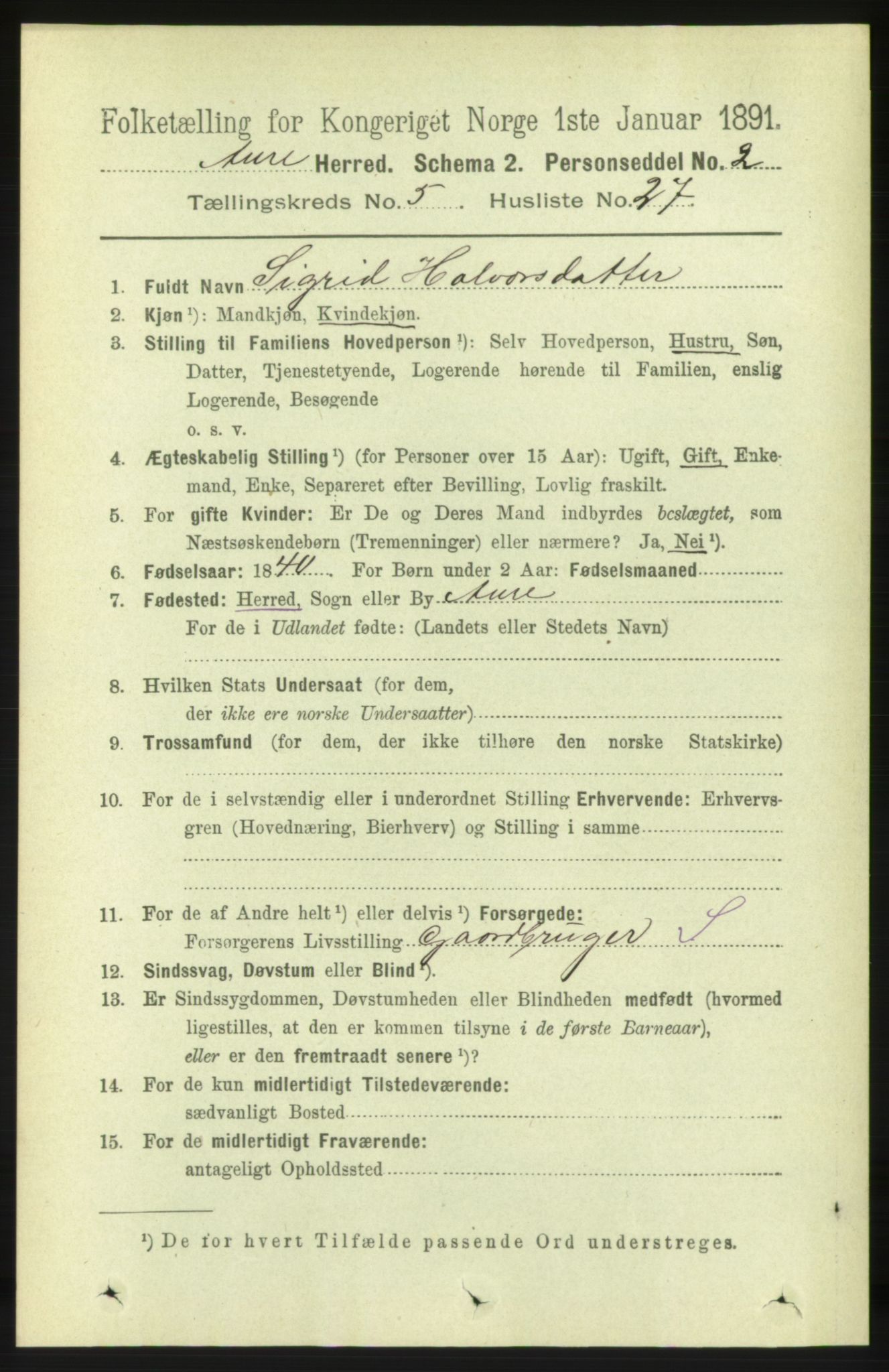 RA, 1891 census for 1569 Aure, 1891, p. 2882