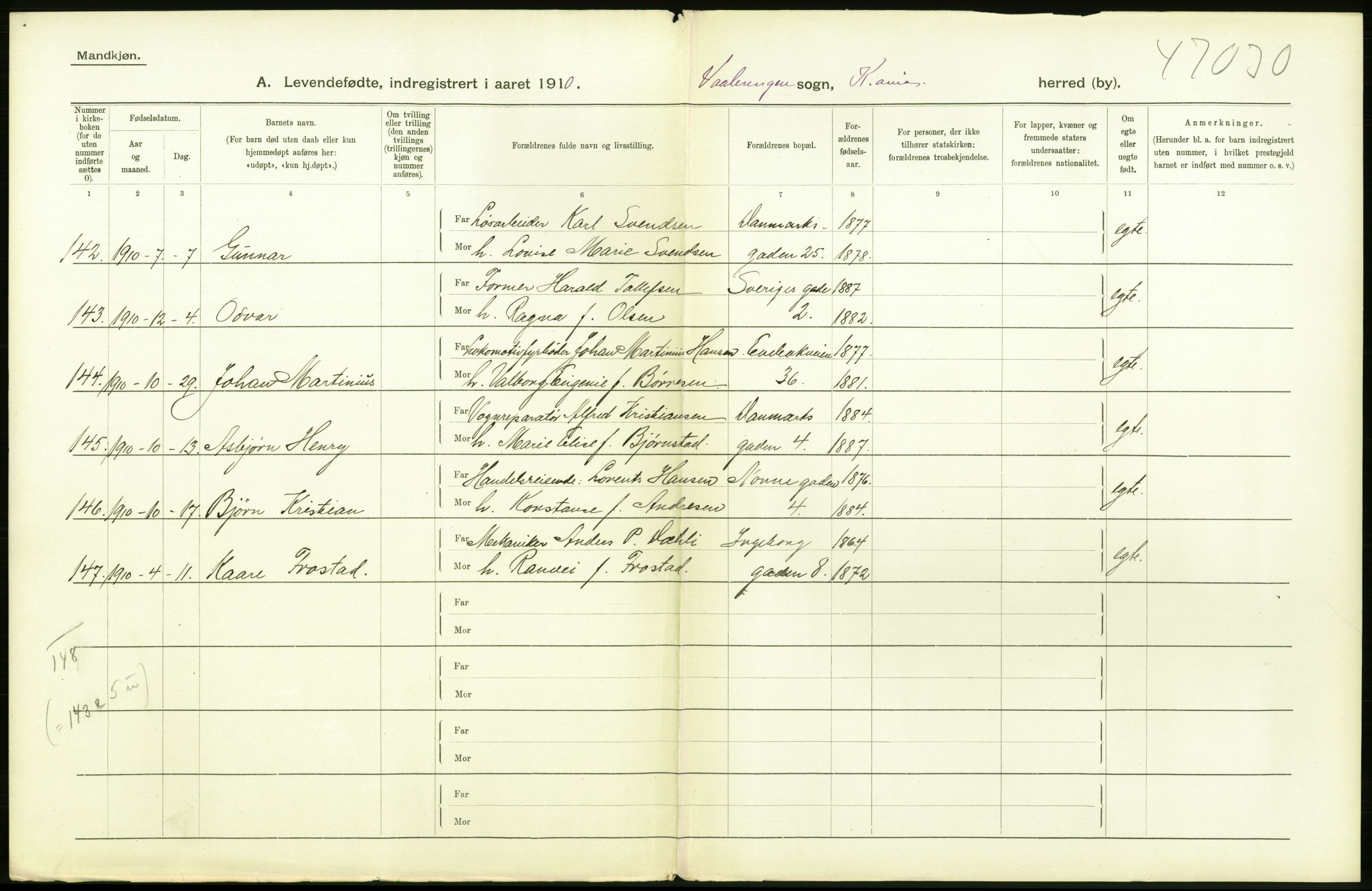 Statistisk sentralbyrå, Sosiodemografiske emner, Befolkning, AV/RA-S-2228/D/Df/Dfa/Dfah/L0006: Kristiania: Levendefødte menn., 1910, p. 422