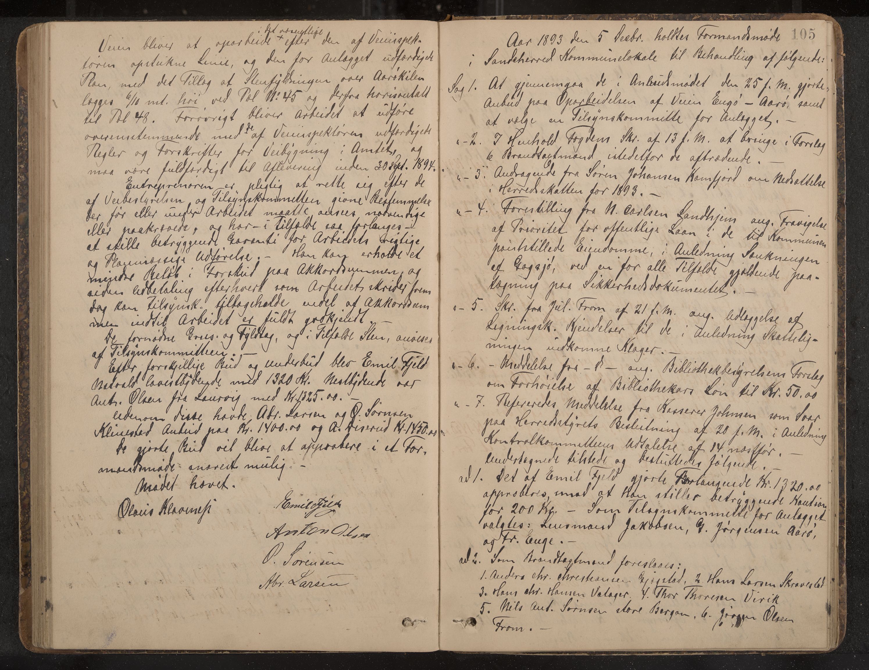 Sandar formannskap og sentraladministrasjon, IKAK/0724021/A/Aa/L0001: Møtebok, 1886-1895, p. 105