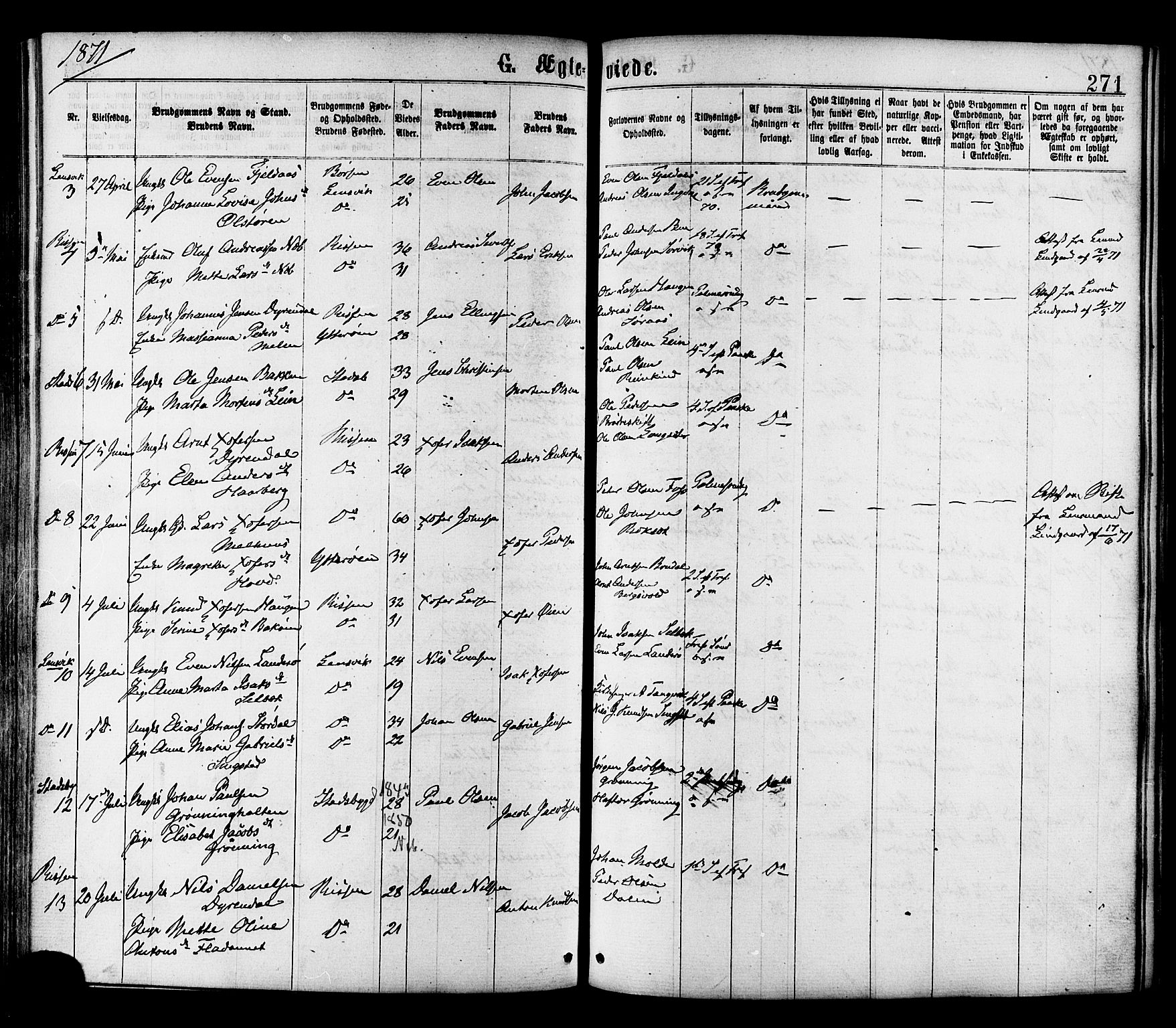 Ministerialprotokoller, klokkerbøker og fødselsregistre - Sør-Trøndelag, SAT/A-1456/646/L0613: Parish register (official) no. 646A11, 1870-1884, p. 271