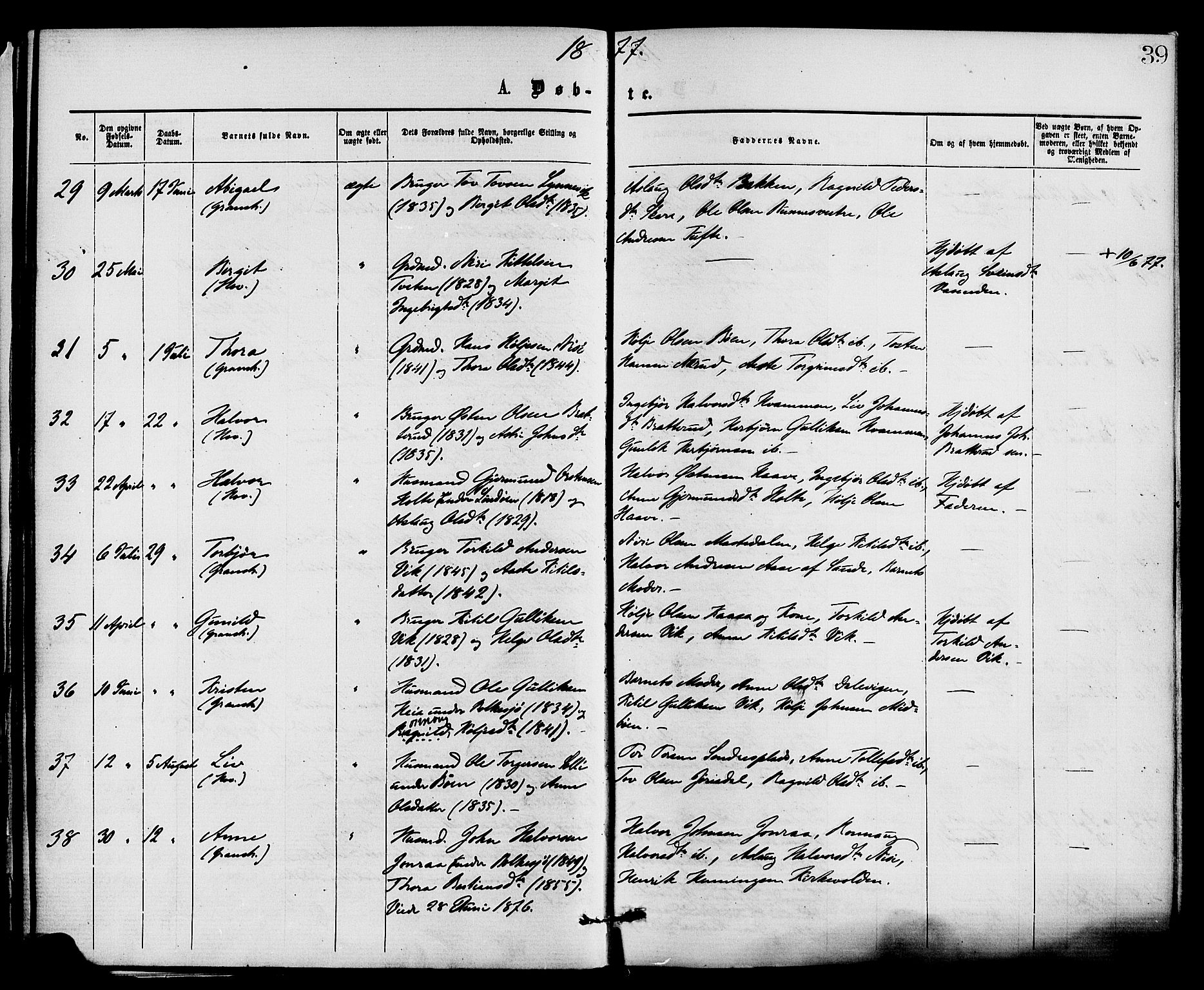 Gransherad kirkebøker, AV/SAKO-A-267/F/Fa/L0004: Parish register (official) no. I 4, 1871-1886, p. 39