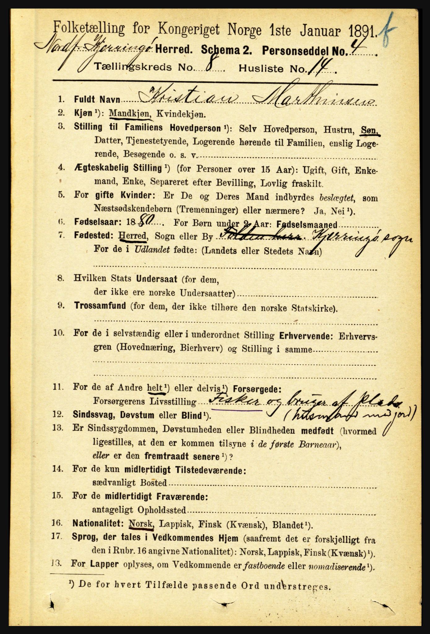 RA, 1891 census for 1846 Nordfold-Kjerringøy, 1891, p. 2051