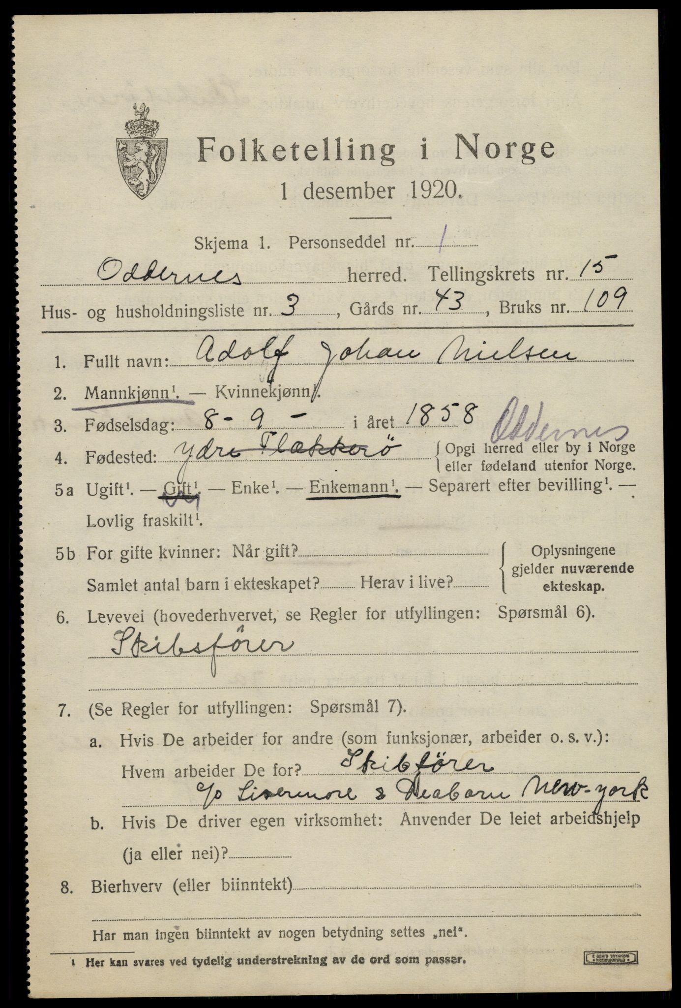 SAK, 1920 census for Oddernes, 1920, p. 9903