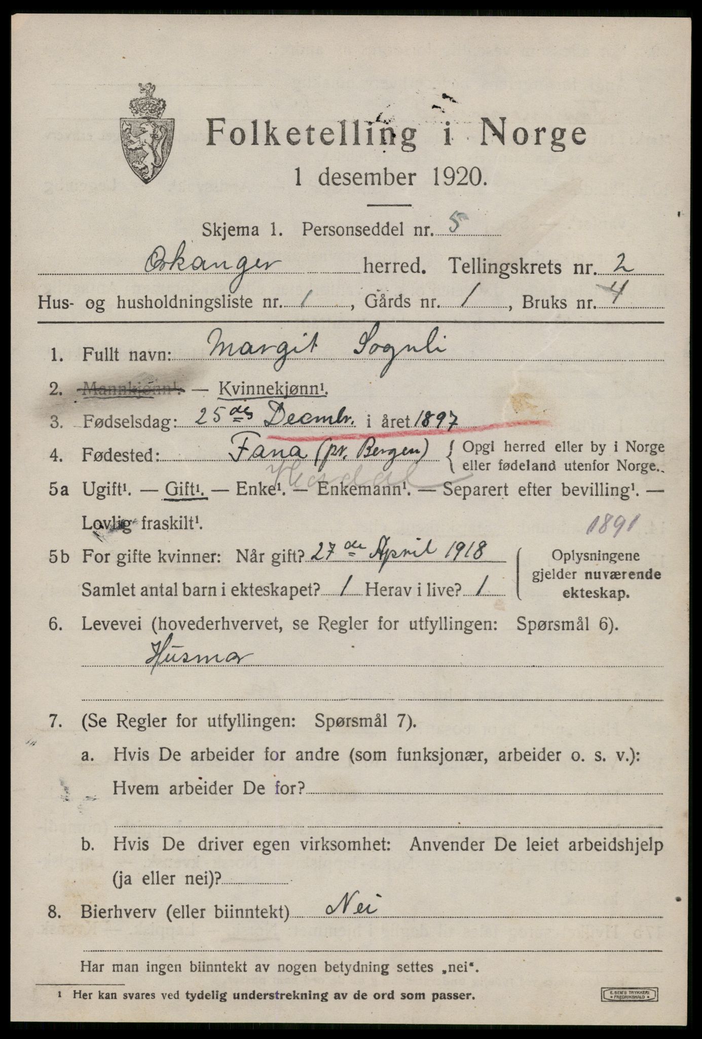 SAT, 1920 census for Orkanger, 1920, p. 1201