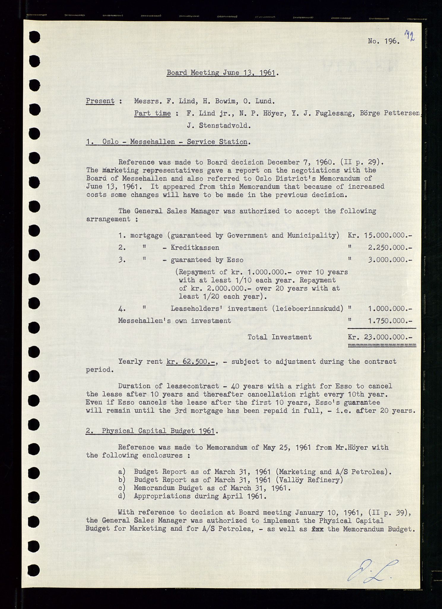 Pa 0982 - Esso Norge A/S, AV/SAST-A-100448/A/Aa/L0001/0002: Den administrerende direksjon Board minutes (styrereferater) / Den administrerende direksjon Board minutes (styrereferater), 1960-1961, p. 119