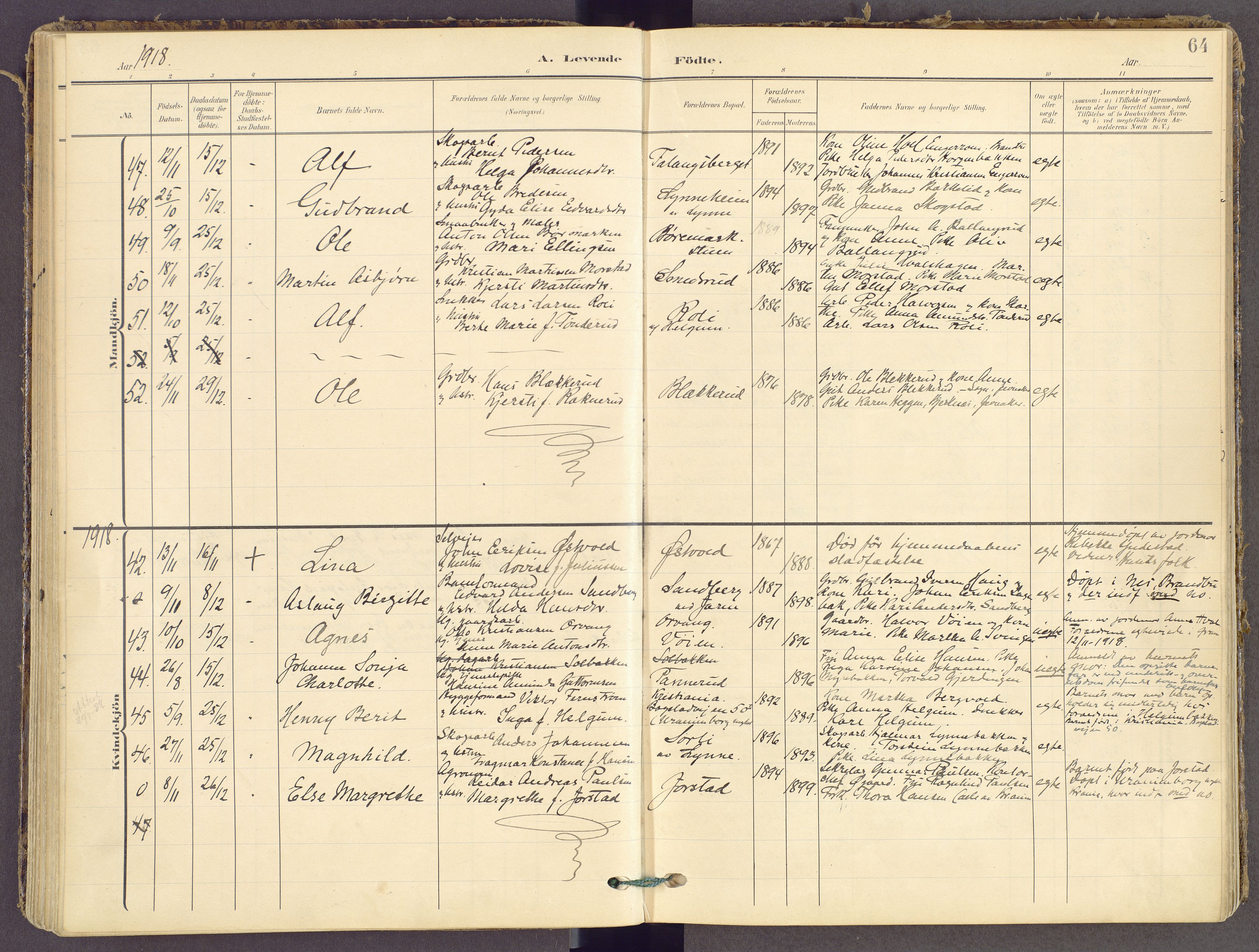 Gran prestekontor, SAH/PREST-112/H/Ha/Haa/L0021: Parish register (official) no. 21, 1908-1932, p. 64