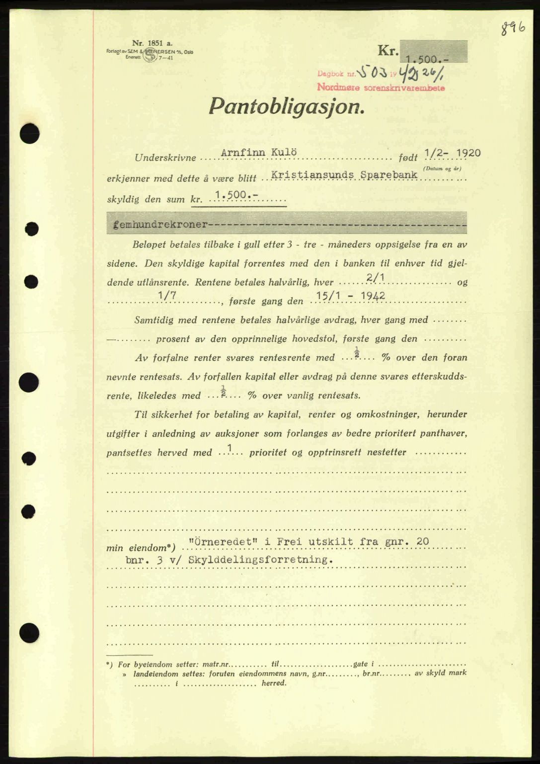 Nordmøre sorenskriveri, AV/SAT-A-4132/1/2/2Ca: Mortgage book no. B88, 1941-1942, Diary no: : 503/1942