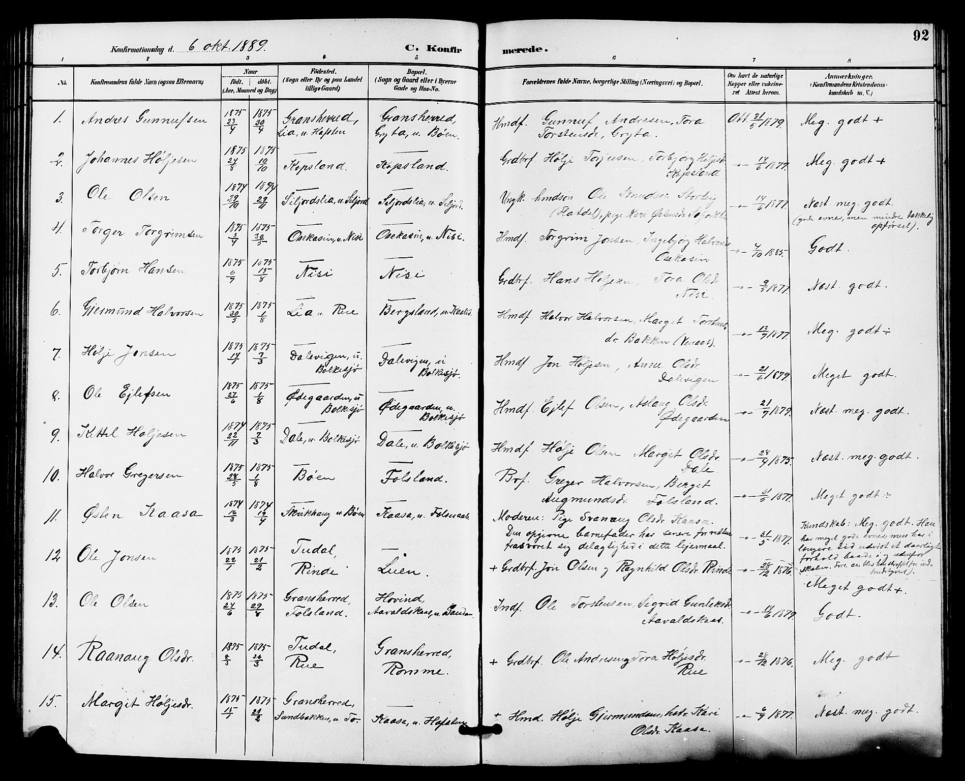 Gransherad kirkebøker, AV/SAKO-A-267/G/Ga/L0003: Parish register (copy) no. I 3, 1887-1915, p. 92