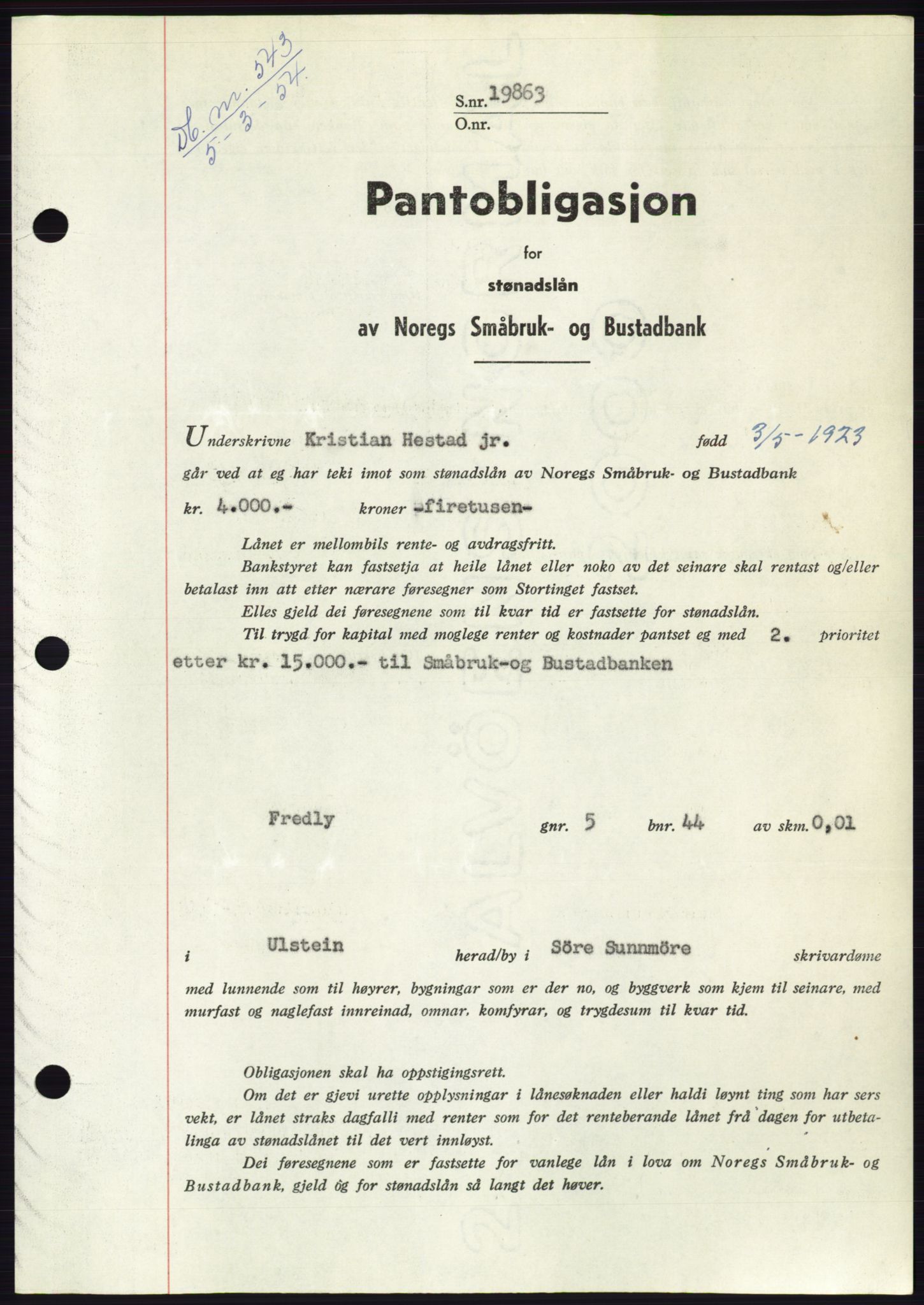 Søre Sunnmøre sorenskriveri, AV/SAT-A-4122/1/2/2C/L0124: Mortgage book no. 12B, 1953-1954, Diary no: : 543/1954