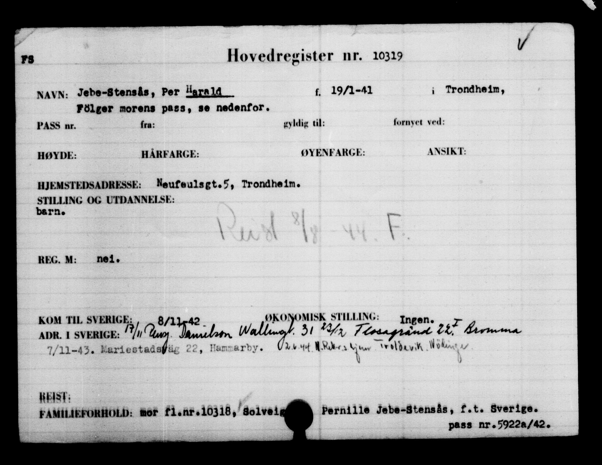 Utenriksstasjonene, Legasjonen i Stockholm, Flyktningkontoret, AV/RA-S-6753/V/Va/L0006: Kjesäterkartoteket, flyktninger med registreringsnr. 9400-12711, 1940-1945, p. 1054