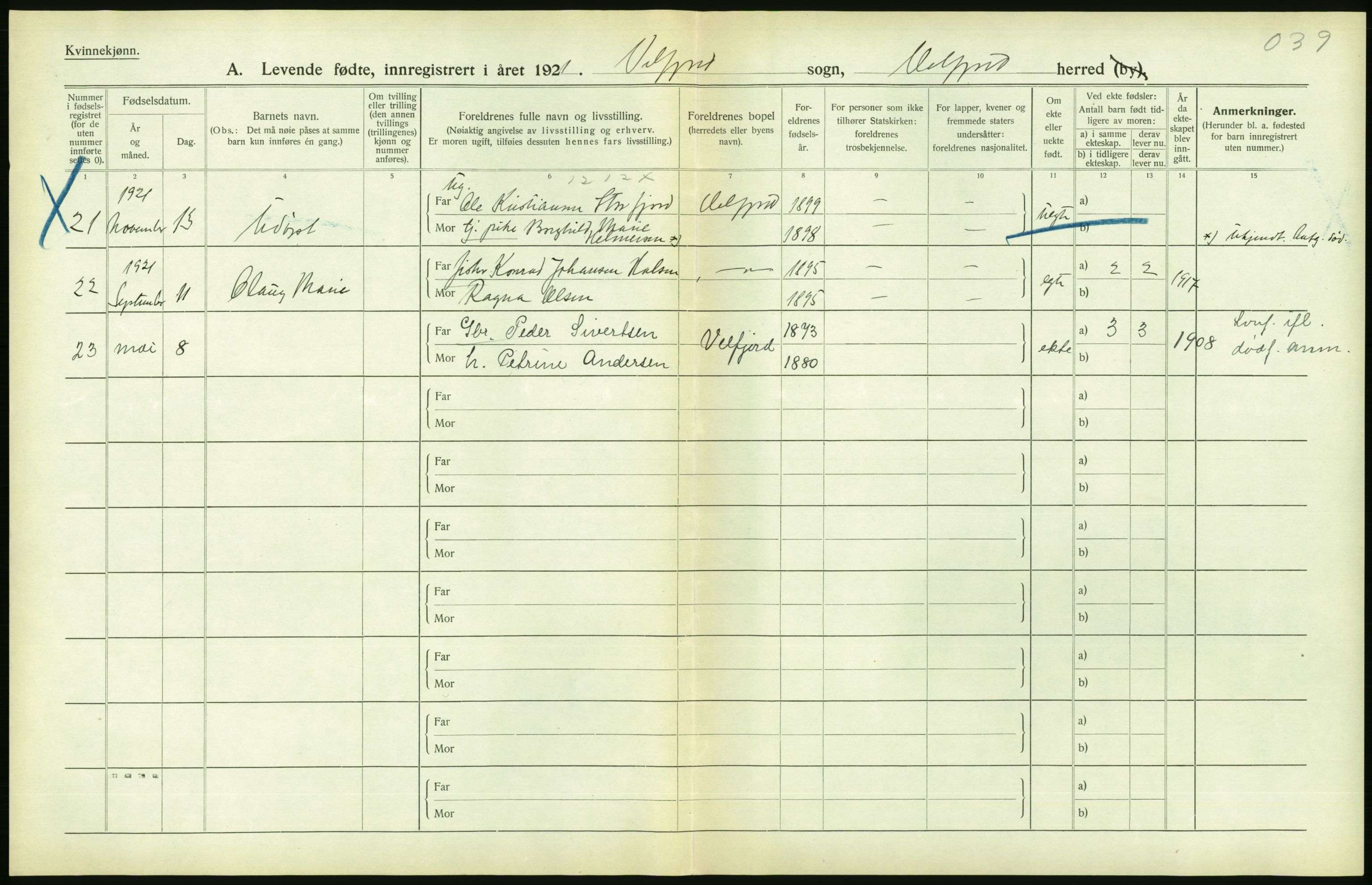 Statistisk sentralbyrå, Sosiodemografiske emner, Befolkning, AV/RA-S-2228/D/Df/Dfc/Dfca/L0049: Nordland fylke: Levendefødte menn og kvinner. Bygder., 1921, p. 38