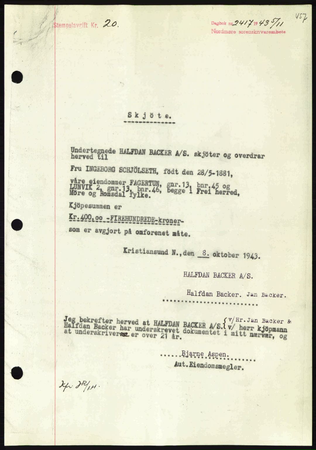 Nordmøre sorenskriveri, SAT/A-4132/1/2/2Ca: Mortgage book no. A96, 1943-1944, Diary no: : 2417/1943