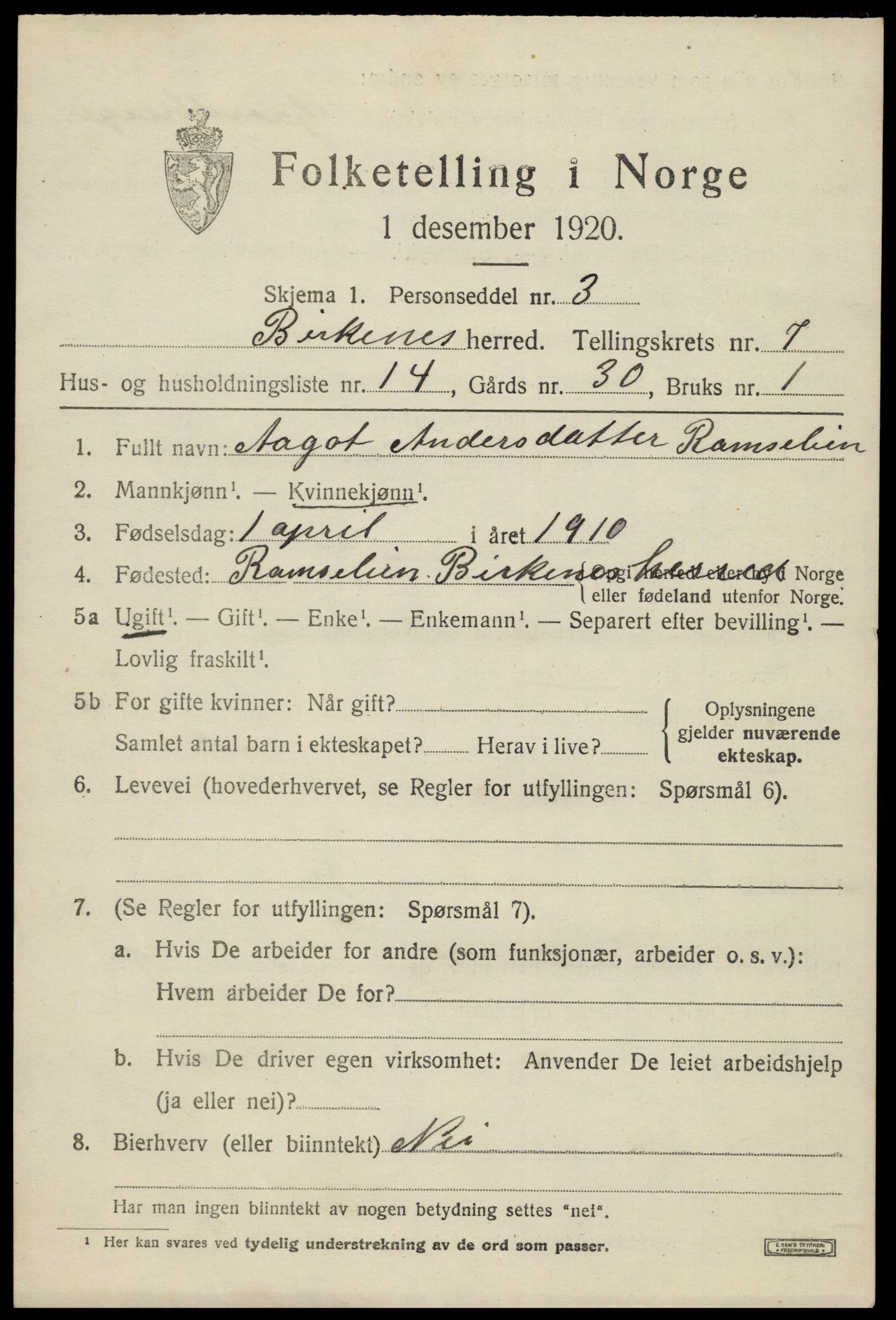 SAK, 1920 census for Birkenes, 1920, p. 4111