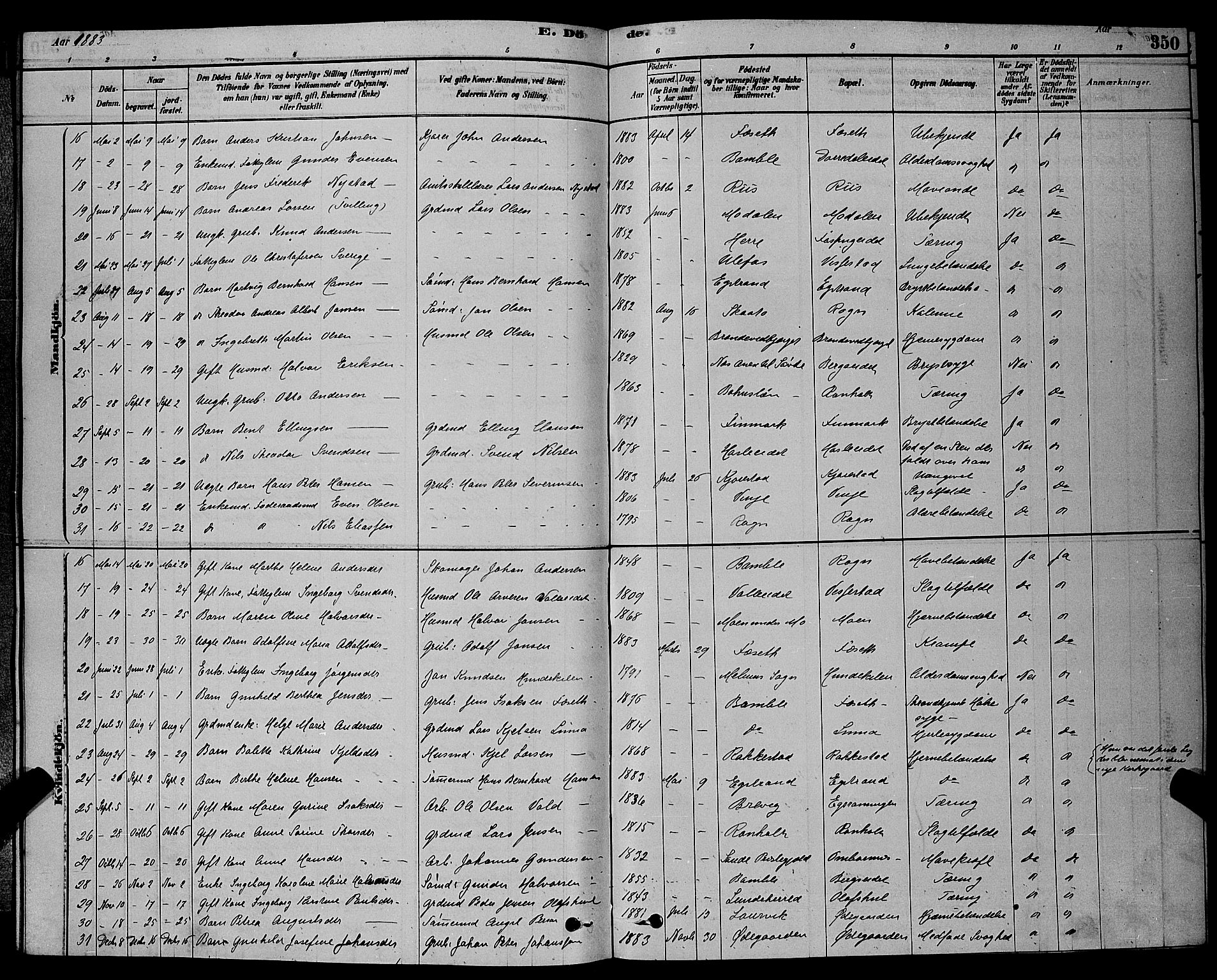 Bamble kirkebøker, SAKO/A-253/G/Ga/L0008: Parish register (copy) no. I 8, 1878-1888, p. 350