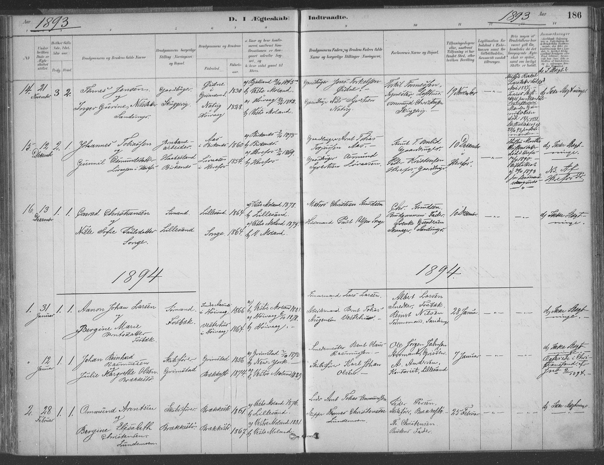 Vestre Moland sokneprestkontor, SAK/1111-0046/F/Fa/Fab/L0009: Parish register (official) no. A 9, 1884-1899, p. 186