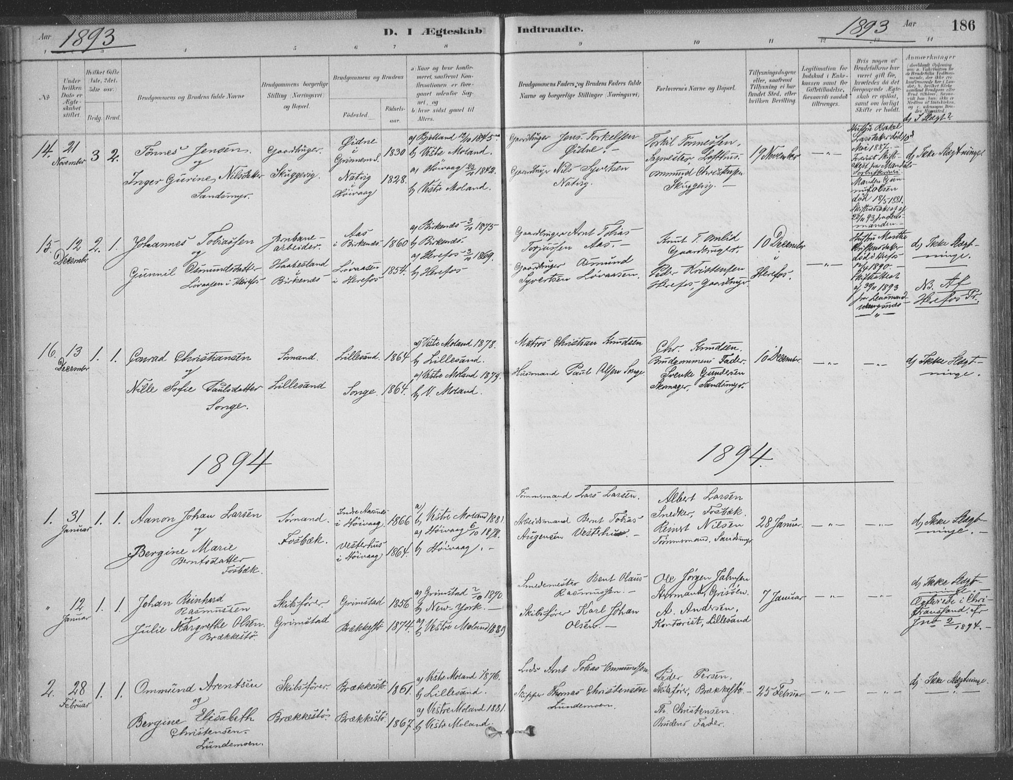 Vestre Moland sokneprestkontor, AV/SAK-1111-0046/F/Fa/Fab/L0009: Parish register (official) no. A 9, 1884-1899, p. 186