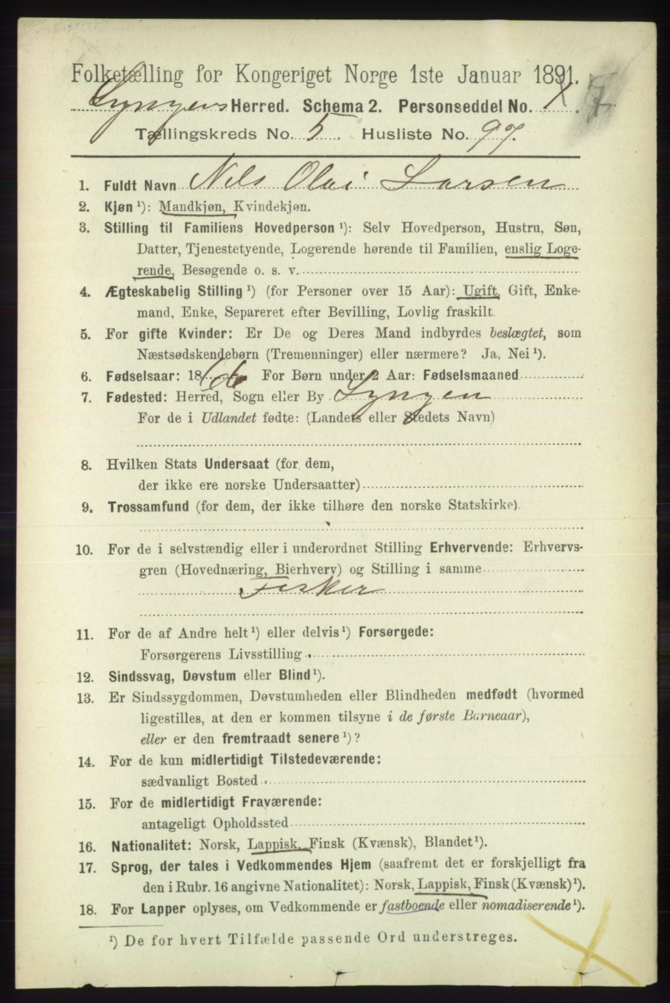 RA, 1891 census for 1938 Lyngen, 1891, p. 5069