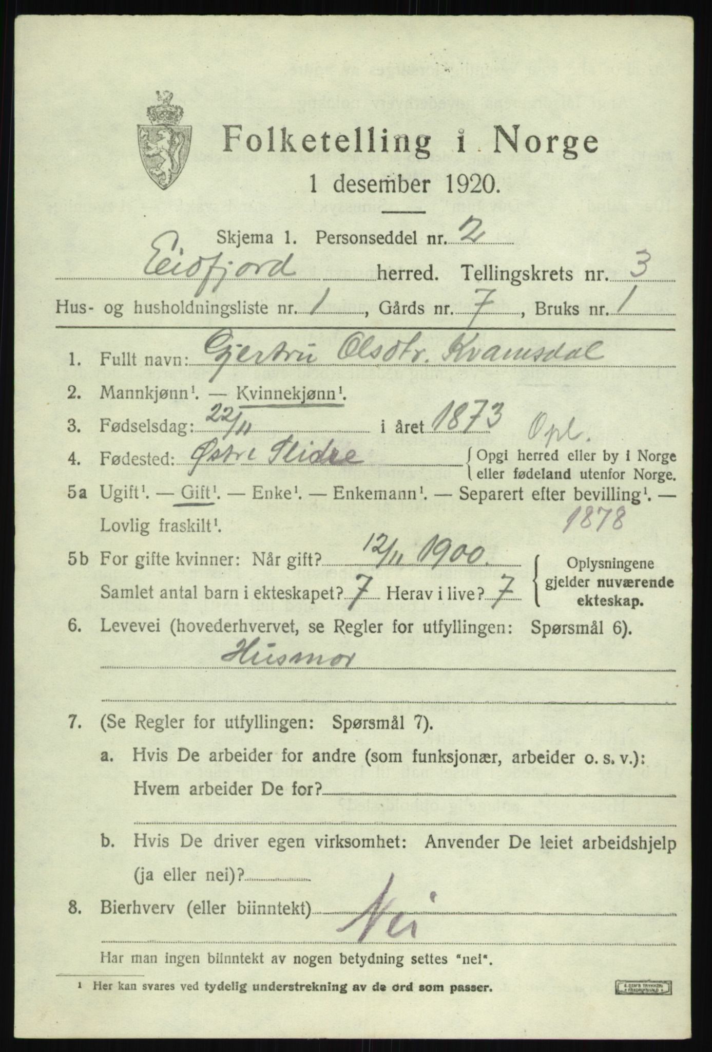 SAB, 1920 census for Eidfjord, 1920, p. 994