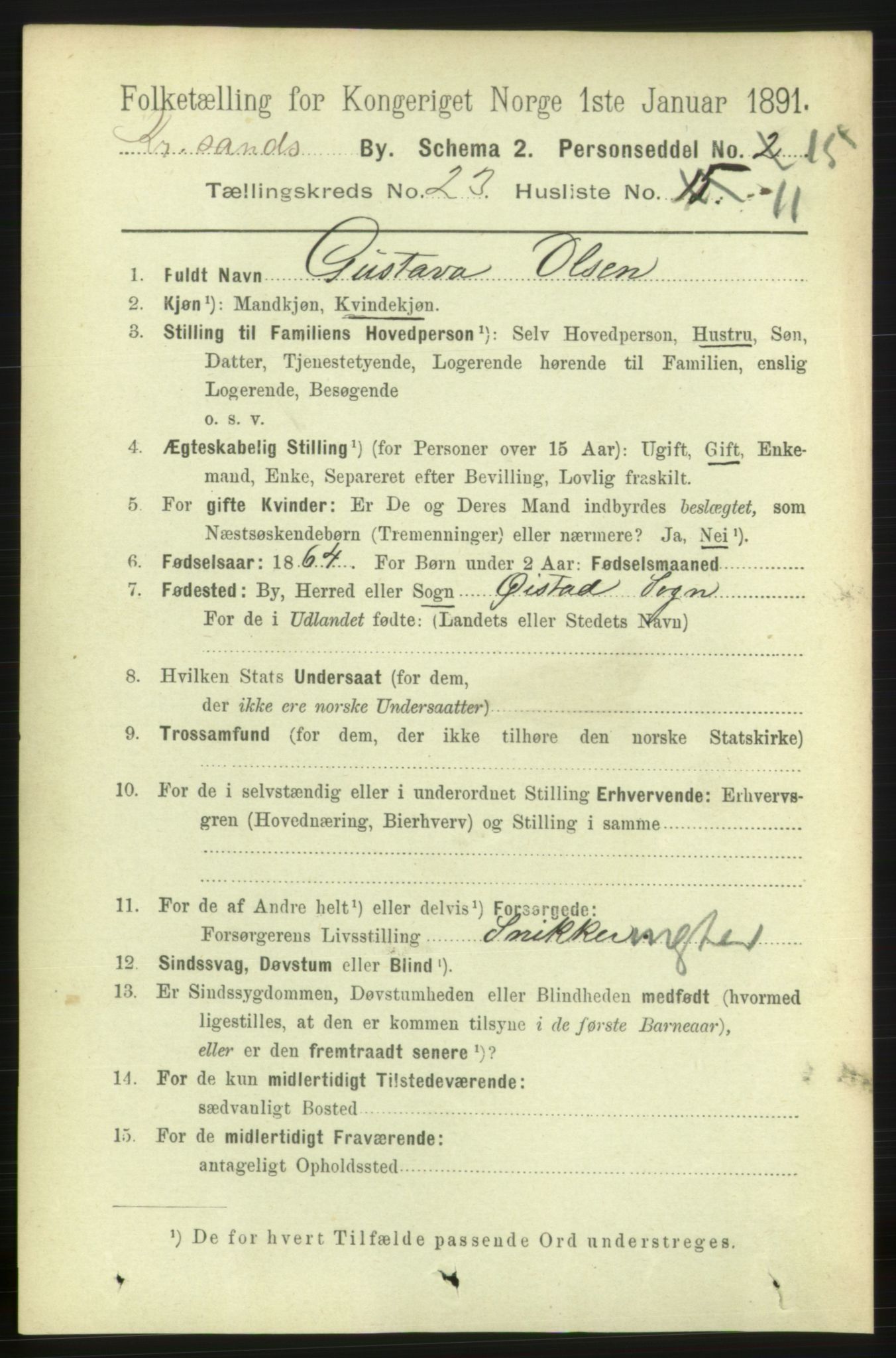 RA, 1891 census for 1001 Kristiansand, 1891, p. 8540