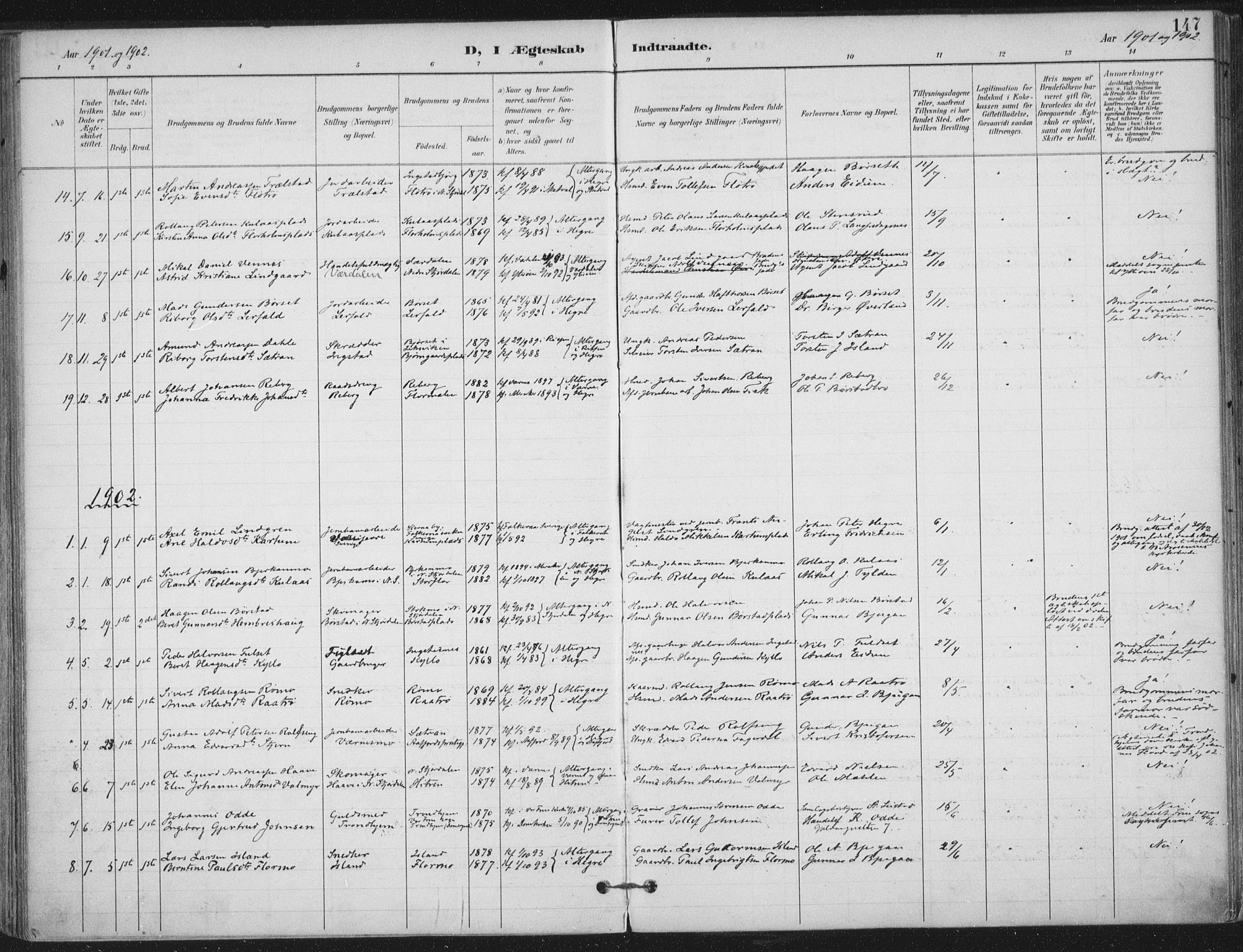 Ministerialprotokoller, klokkerbøker og fødselsregistre - Nord-Trøndelag, SAT/A-1458/703/L0031: Parish register (official) no. 703A04, 1893-1914, p. 147