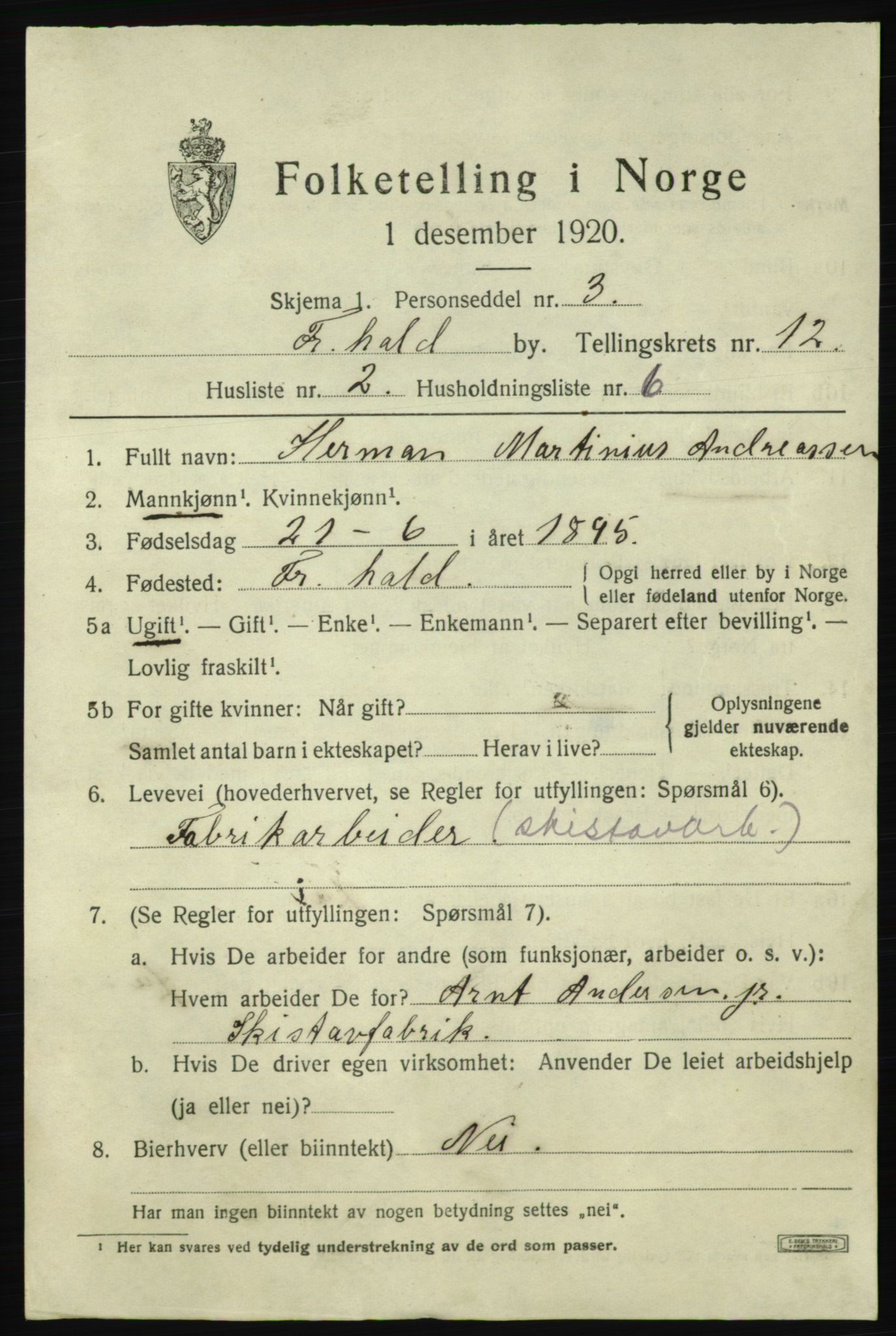SAO, 1920 census for Fredrikshald, 1920, p. 19889