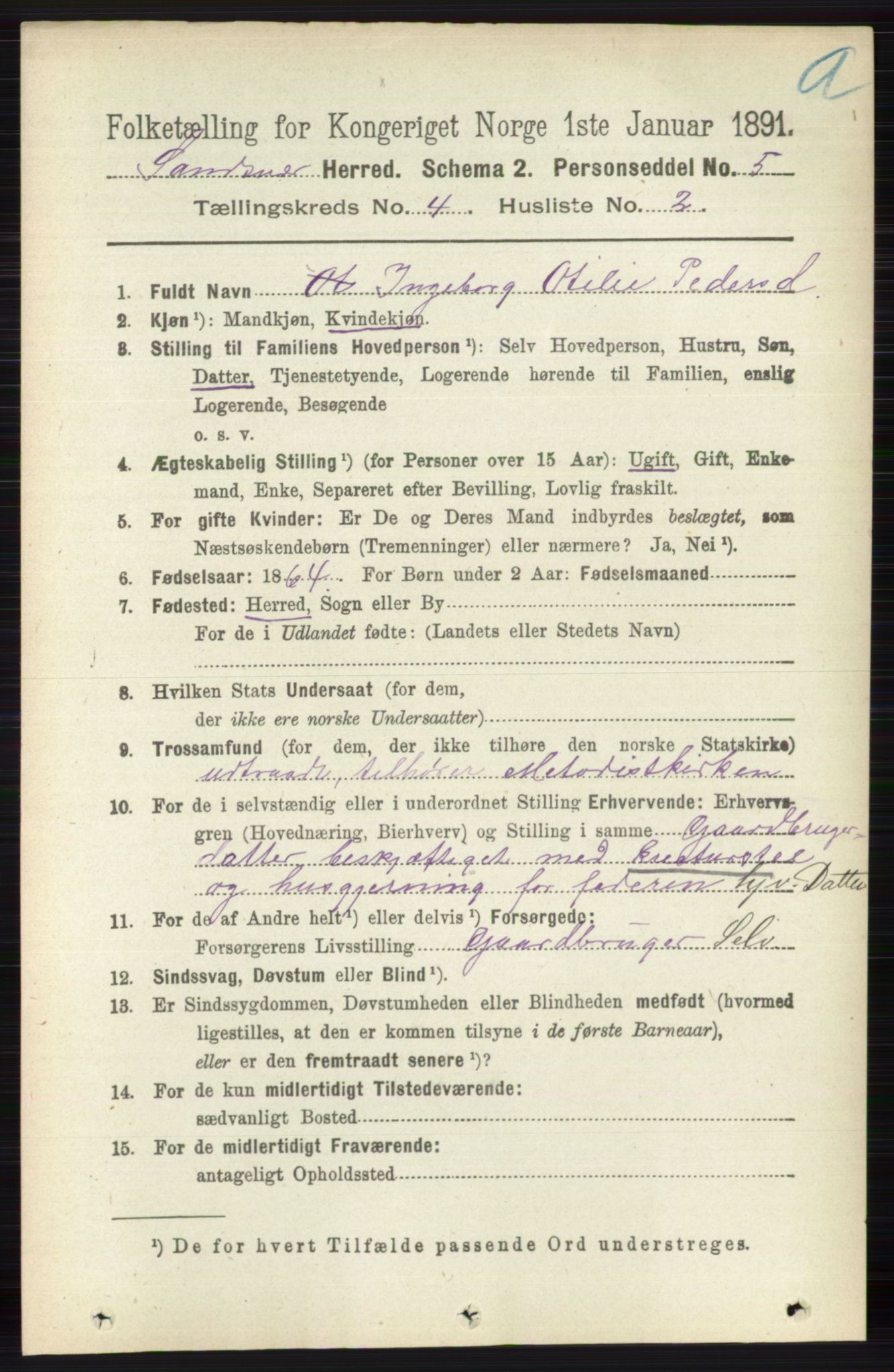 RA, 1891 census for 0629 Sandsvær, 1891, p. 1845