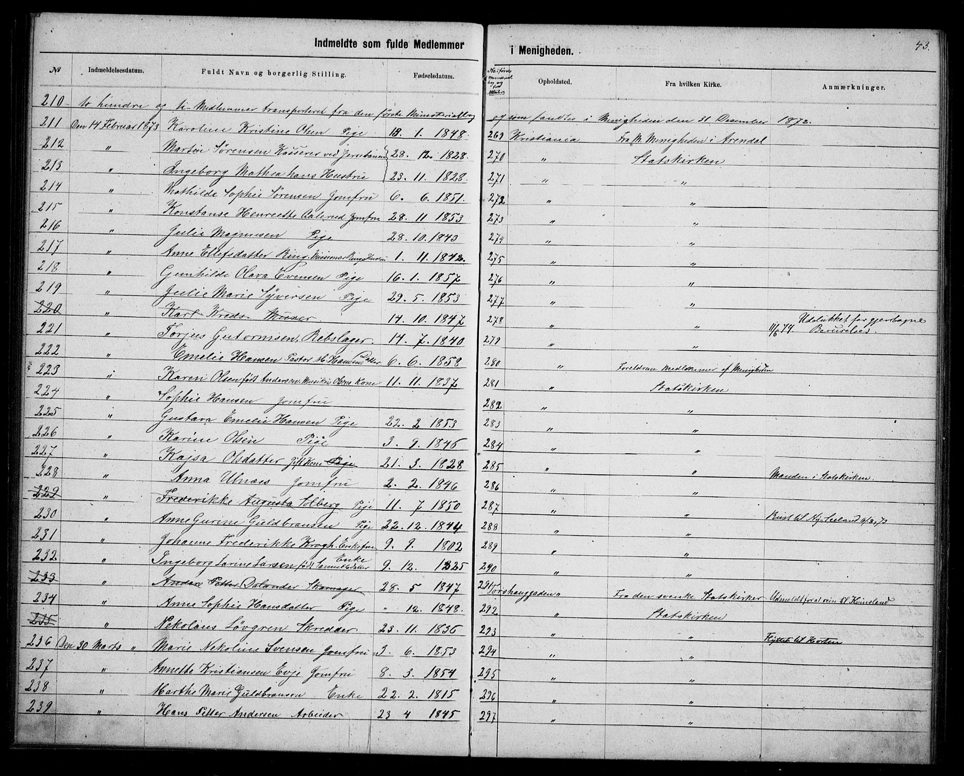 Første Metodistkirke Oslo -  menighetsprotokoller, SAO/PAO-0067/F/L0003: Dissenter register no. 3, 1872-1877, p. 43