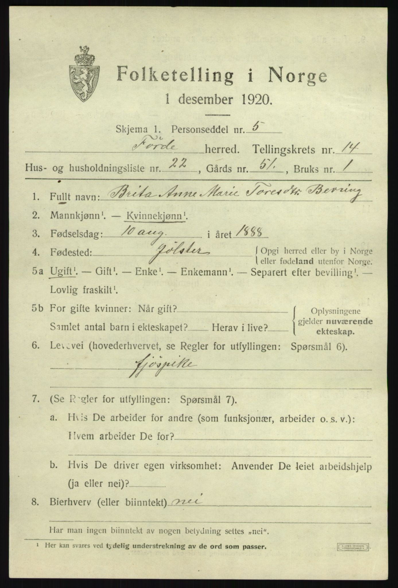 SAB, 1920 census for Førde, 1920, p. 5138