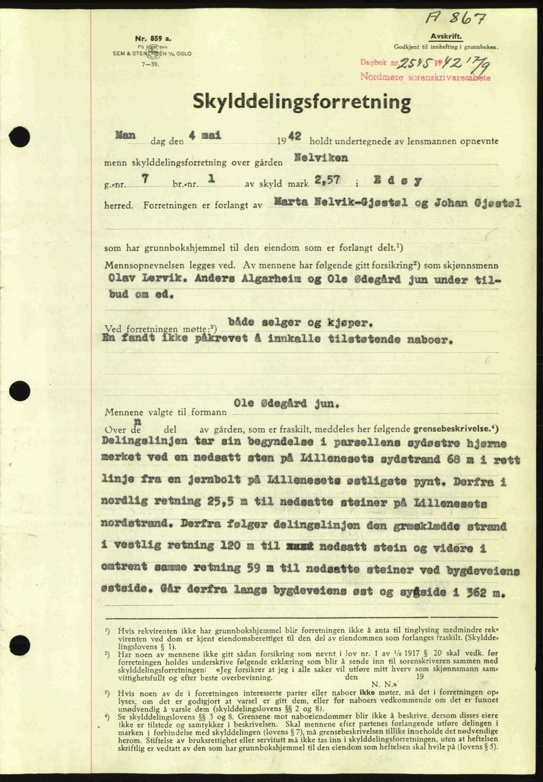 Nordmøre sorenskriveri, AV/SAT-A-4132/1/2/2Ca: Mortgage book no. A93, 1942-1942, Diary no: : 2545/1942