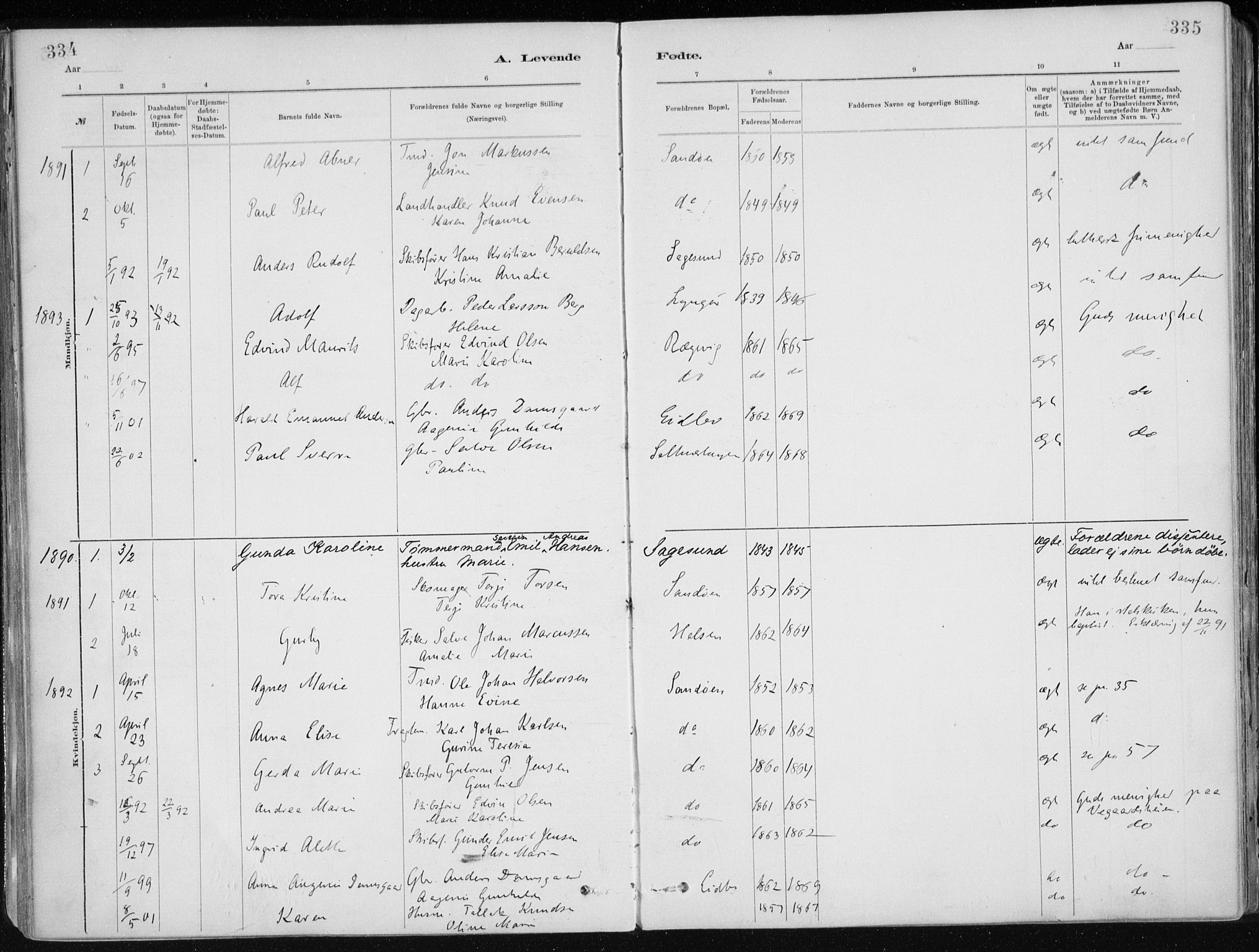 Dypvåg sokneprestkontor, SAK/1111-0007/F/Fa/Faa/L0008: Parish register (official) no. A 8, 1885-1906, p. 334-335