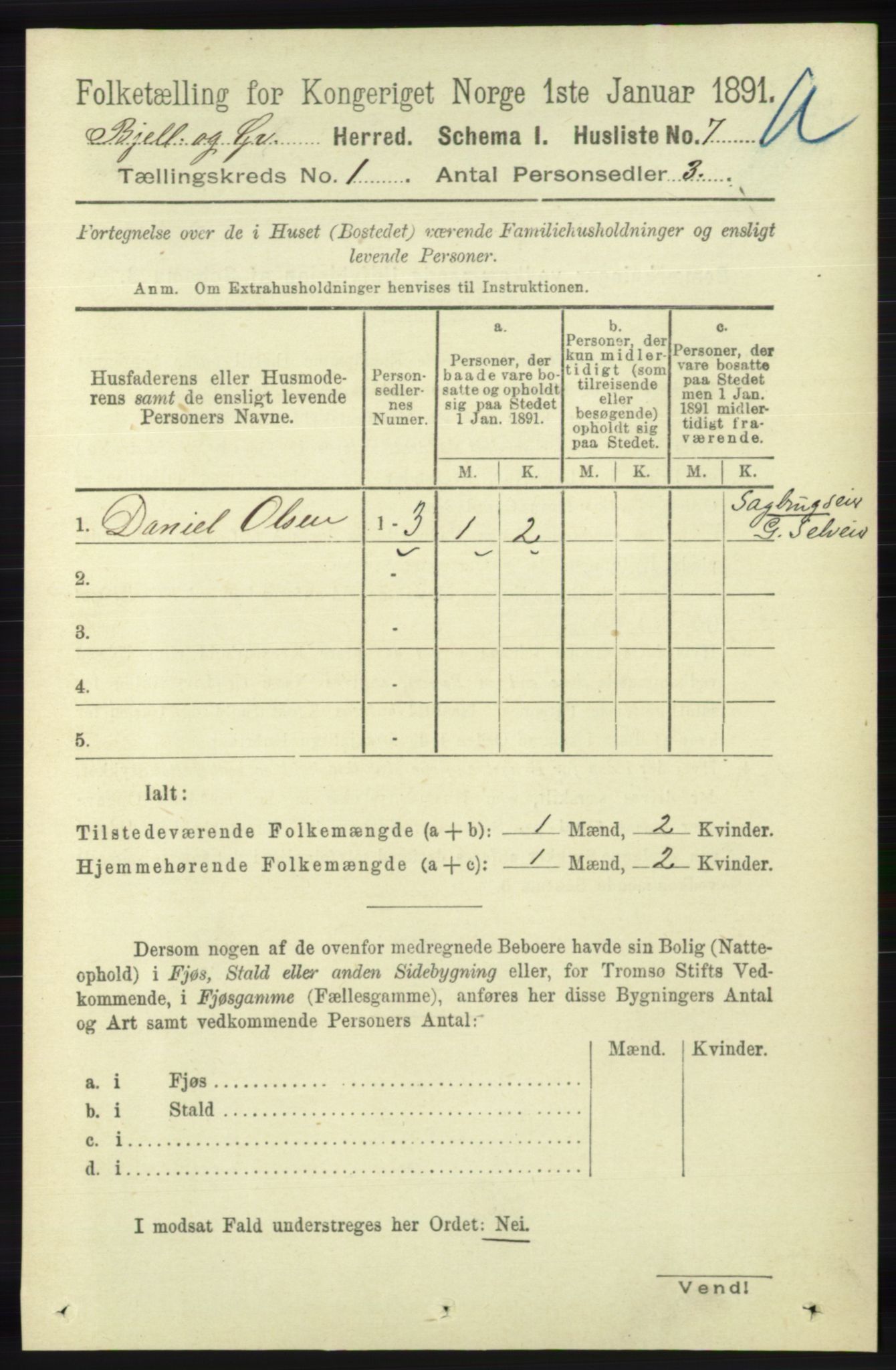 RA, 1891 census for 1024 Bjelland og Grindheim, 1891, p. 29