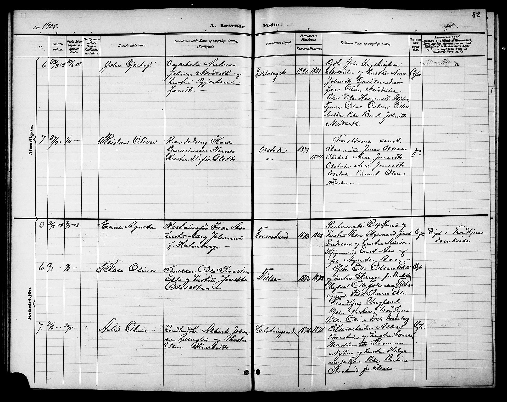 Ministerialprotokoller, klokkerbøker og fødselsregistre - Sør-Trøndelag, SAT/A-1456/621/L0460: Parish register (copy) no. 621C03, 1896-1914, p. 42