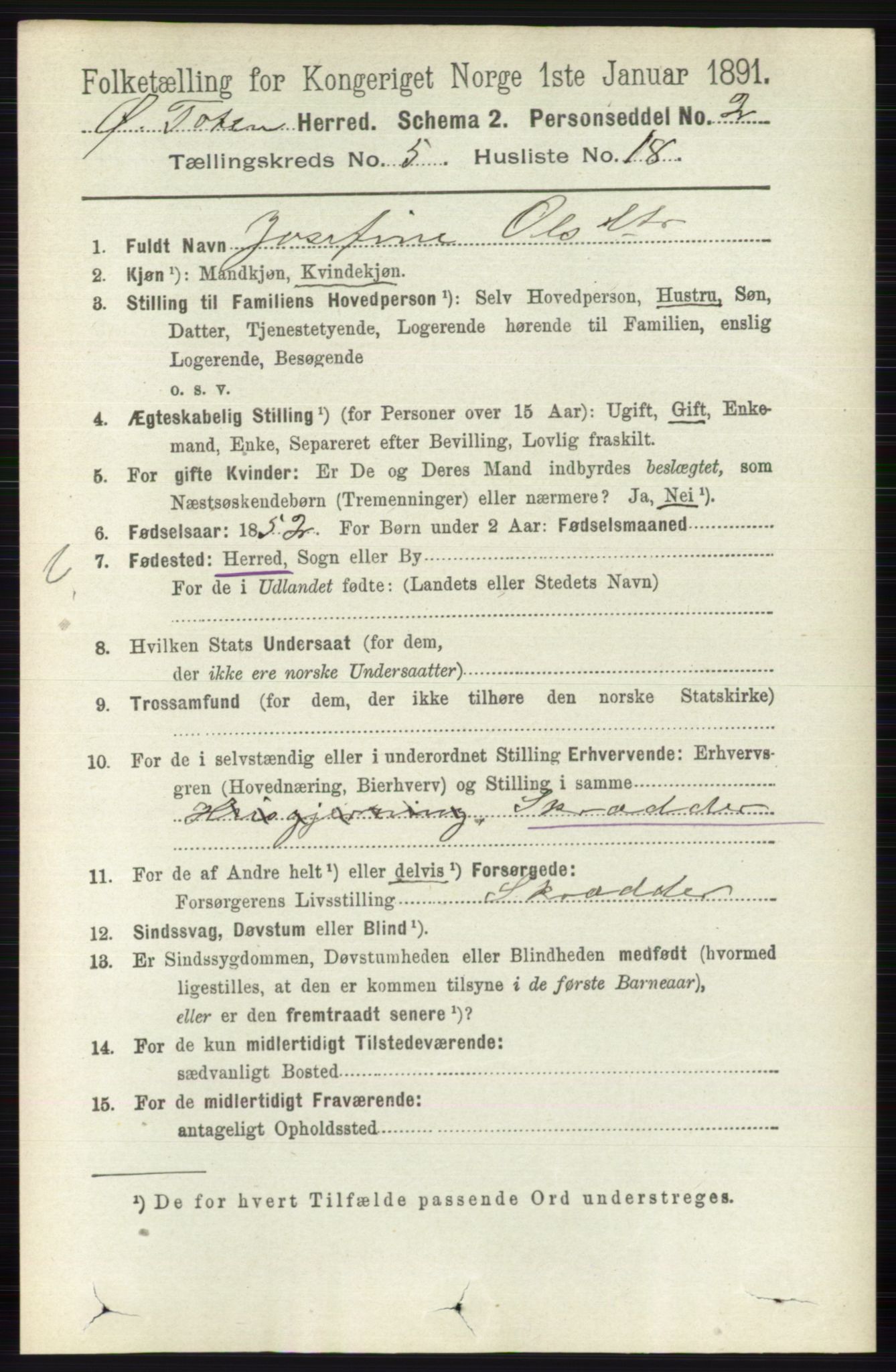 RA, 1891 census for 0528 Østre Toten, 1891, p. 3277